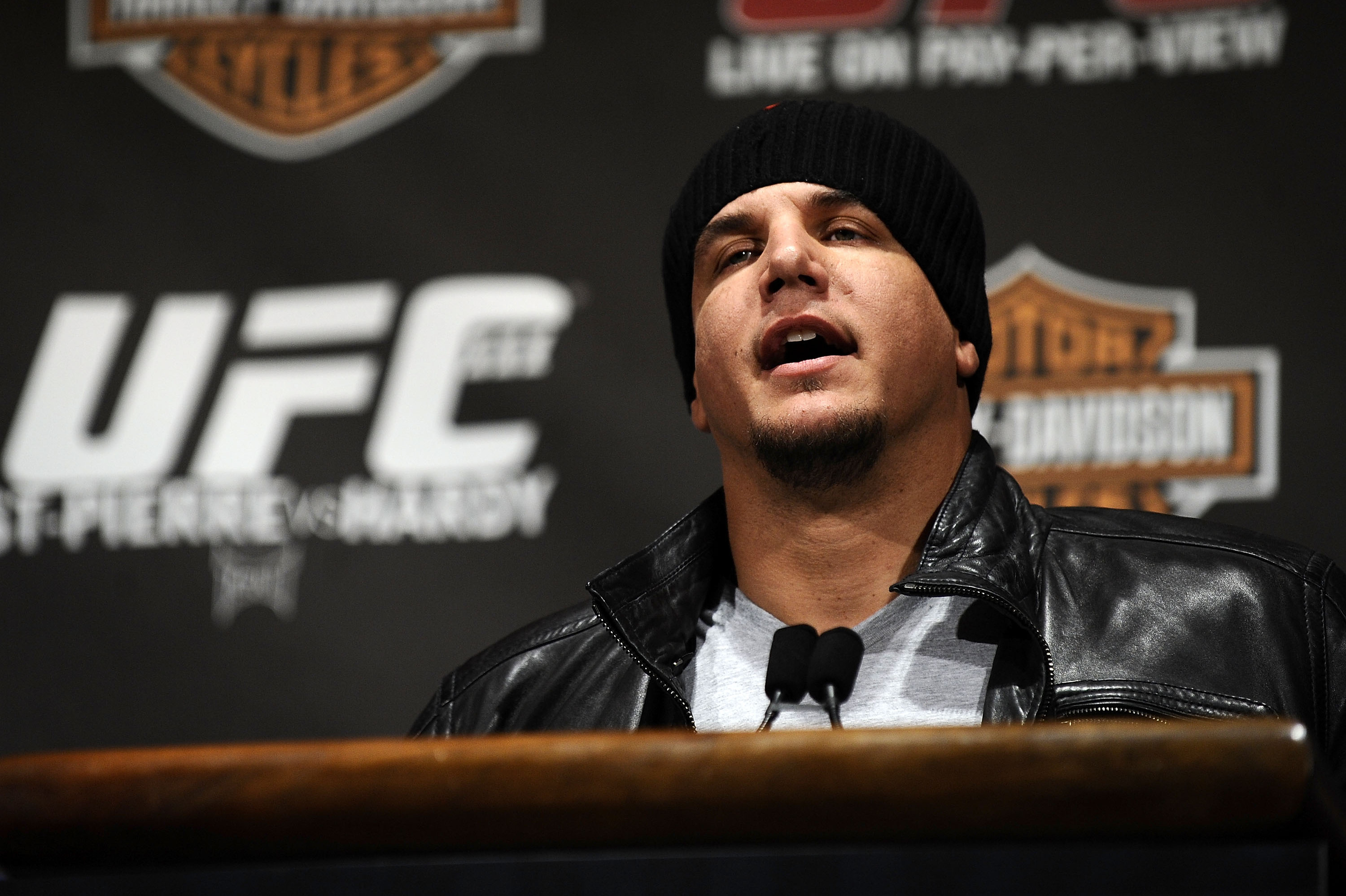 NEW YORK - MARCH 24:  Frank Mir of Las Vegas, Nevada speaks at a press conference for UFC 111 at Radio City Music Hall on March 24, 2010 in New York City.  Mir will face Shane Carwin of Denver, Colorado in the INterim heavyweight title bout.  (Photo by Jeff Zelevansky/Getty Images)