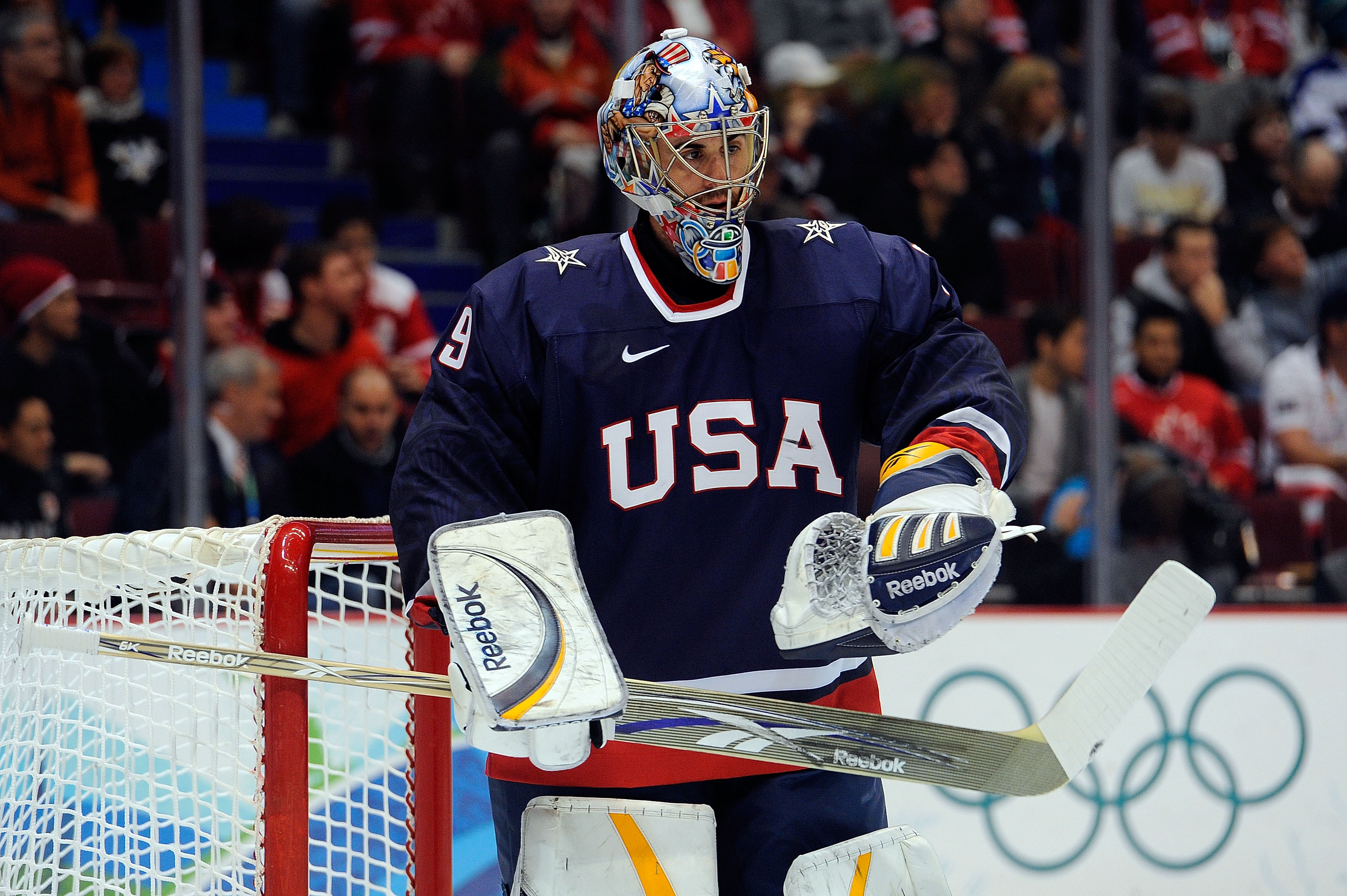 VANCOUVER, BC - FEBRUARY 24:  Ryan Miller #39 of the United States looks on in the first period during the ice hockey men's quarter final game between USA and Switzerland on day 13 of the Vancouver 2010 Winter Olympics at Canada Hockey Place on February 24, 2010 in Vancouver, Canada.  (Photo by Kevork Djansezian/Getty Images)