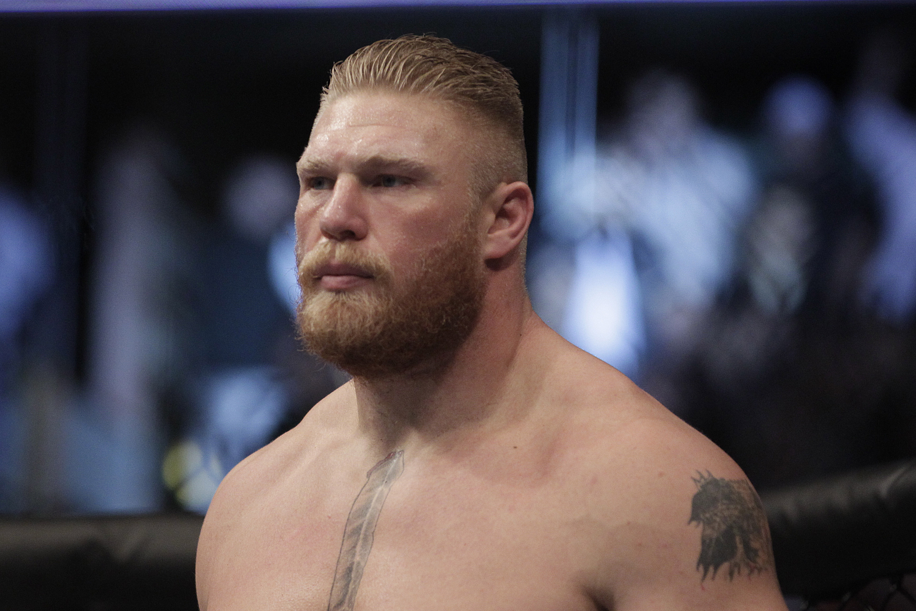 Brock Lesnar during a UFC mixed martial arts match with Cain Velasquez in Anaheim, Calif., Saturday, Oct. 23, 2010. Velasquez won by TKO in the first round. (AP Photo/Jae C. Hong)