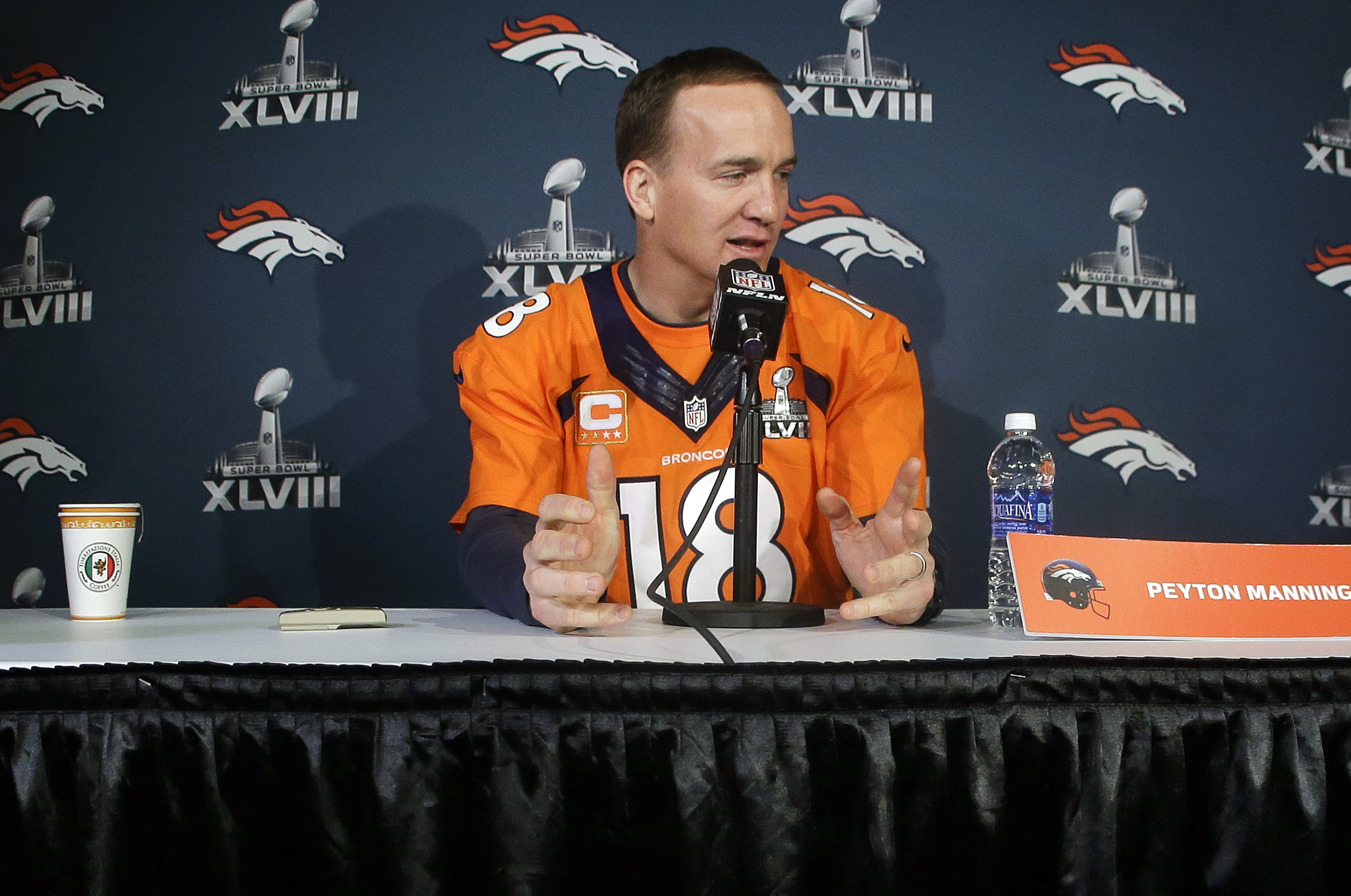 Denver Broncos quarterback Peyton Manning talks with reporters during a news conference Wednesday, Jan. 29, 2014, in Jersey City, N.J. The Broncos are scheduled to play the Seattle Seahawks in the NFL Super Bowl XLVIII football game Sunday, Feb. 2, in East Rutherford, N.J. (AP Photo/Mark Humphrey)