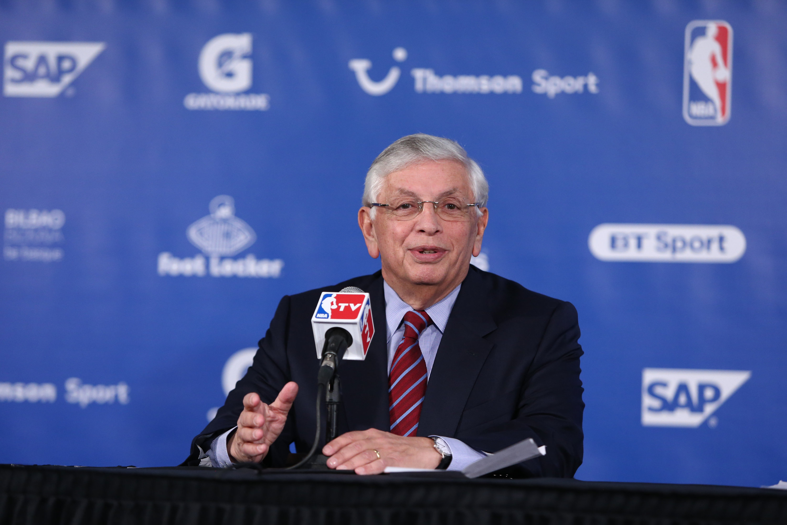 LONDON, ENGLAND - JANUARY 16: NBA Commissioner David Stern addresses the media prior to the game of the Brooklyn Nets against the Atlanta Hawks as part of  the 2014 Global Games on January 16, 2014 at The O2 Arena in London, England. NOTE TO USER: User expressly acknowledges and agrees that, by downloading and/or using this Photograph, user is consenting to the terms and conditions of the Getty Images License Agreement. Mandatory Copyright Notice: Copyright 2014 NBAE (Photo by Nathaniel S. Butler/NBAE via Getty Images)