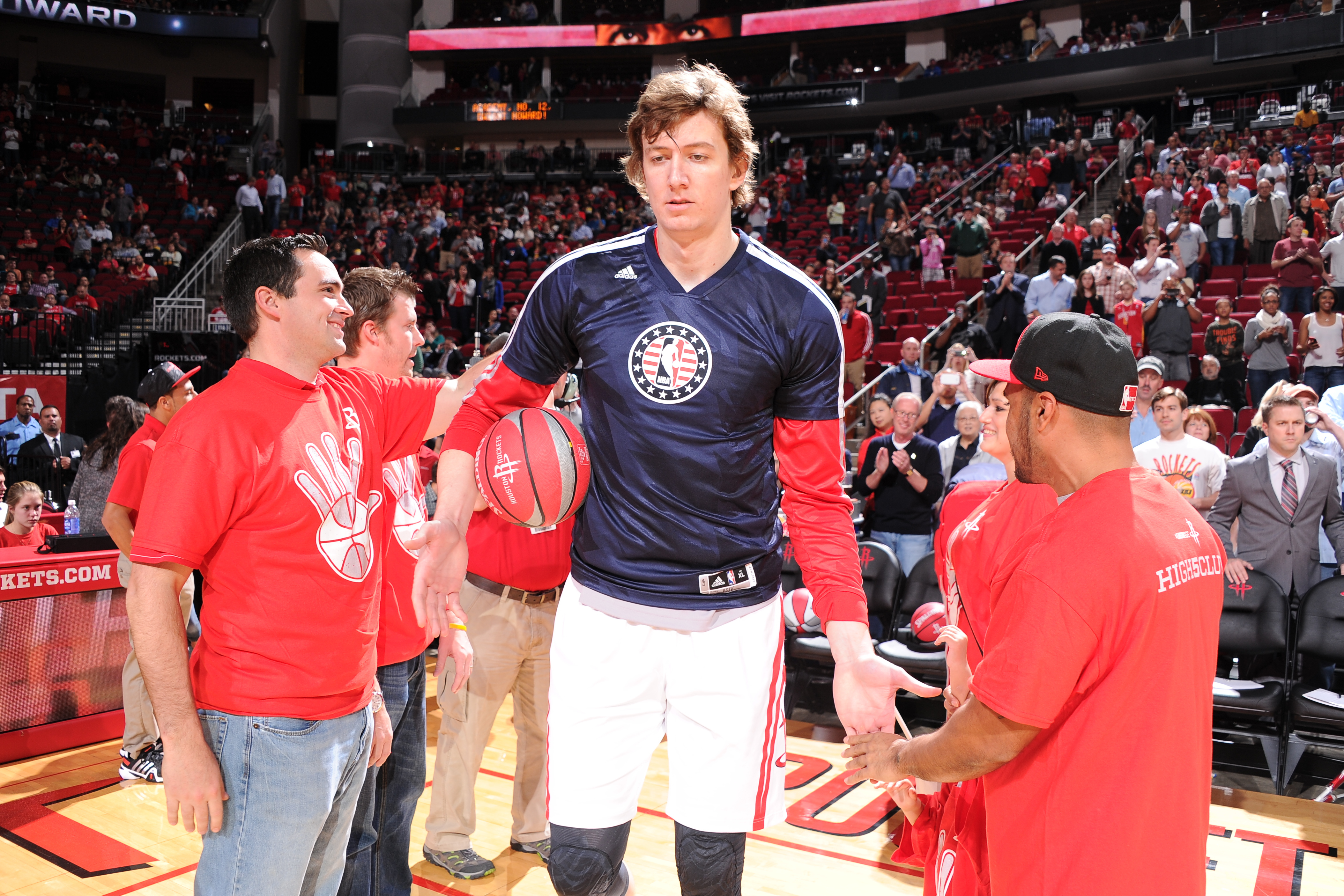 HOUSTON, TX - NOVEMBER 11: Omer Asik #3 of the Houston Rockets walks onto the court against the Toronto Raptors on November 11, 2013 at the Toyota Center in Houston, Texas. NOTE TO USER: User expressly acknowledges and agrees that, by downloading and or using this photograph, User is consenting to the terms and conditions of the Getty Images License Agreement. Mandatory Copyright Notice: Copyright 2013 NBAE (Photo by Bill Baptist/NBAE via Getty Images)