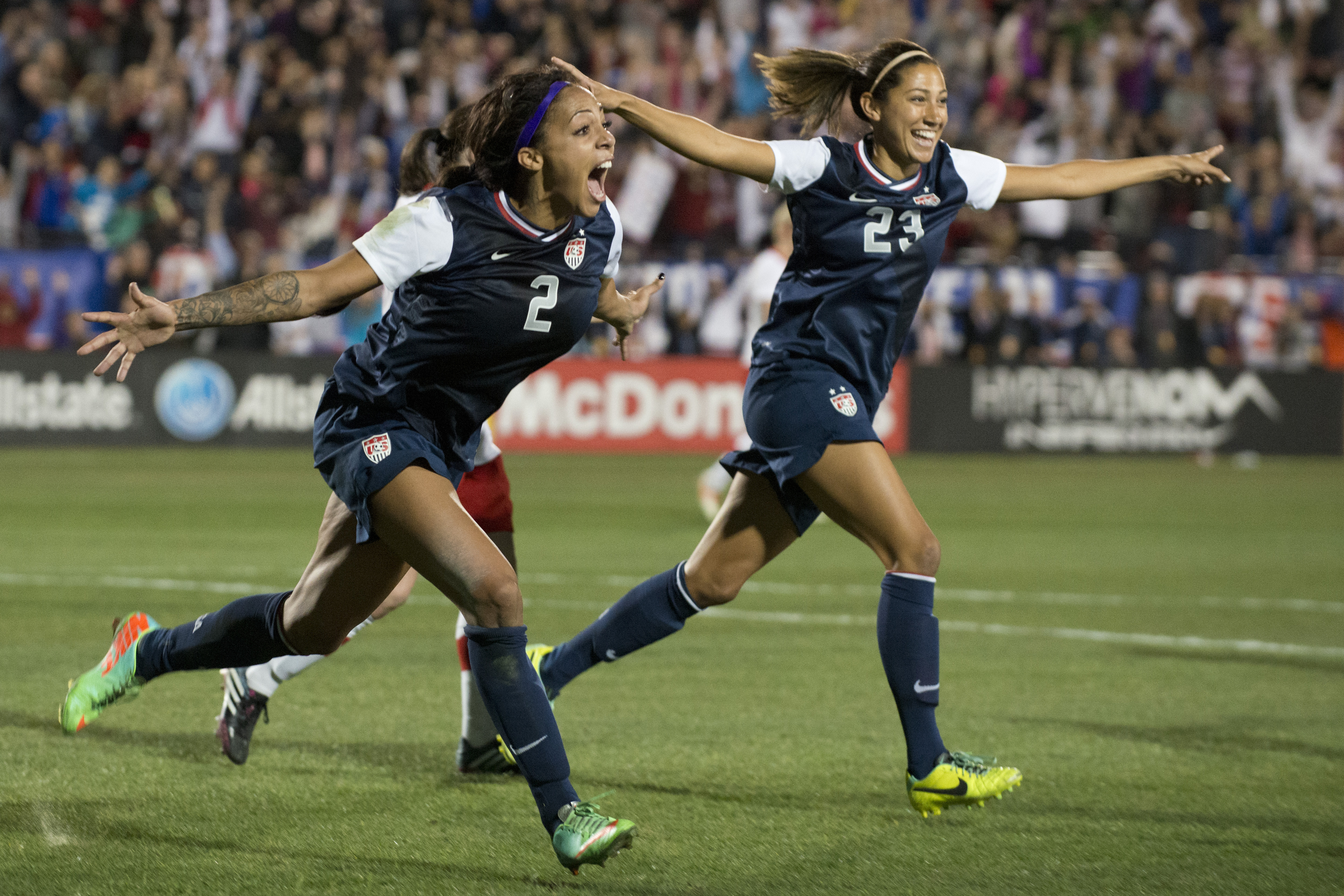 FRISCO, TX - JANUARY 31:  Sydney Leroux #2 of the U.S. Women's National Team celebrates after scoring the game-winning goal against the Canadian Women's National Team on January 31, 2014 at Toyota Stadium in Frisco, Texas.  (Photo by Cooper Neill/Getty Images)