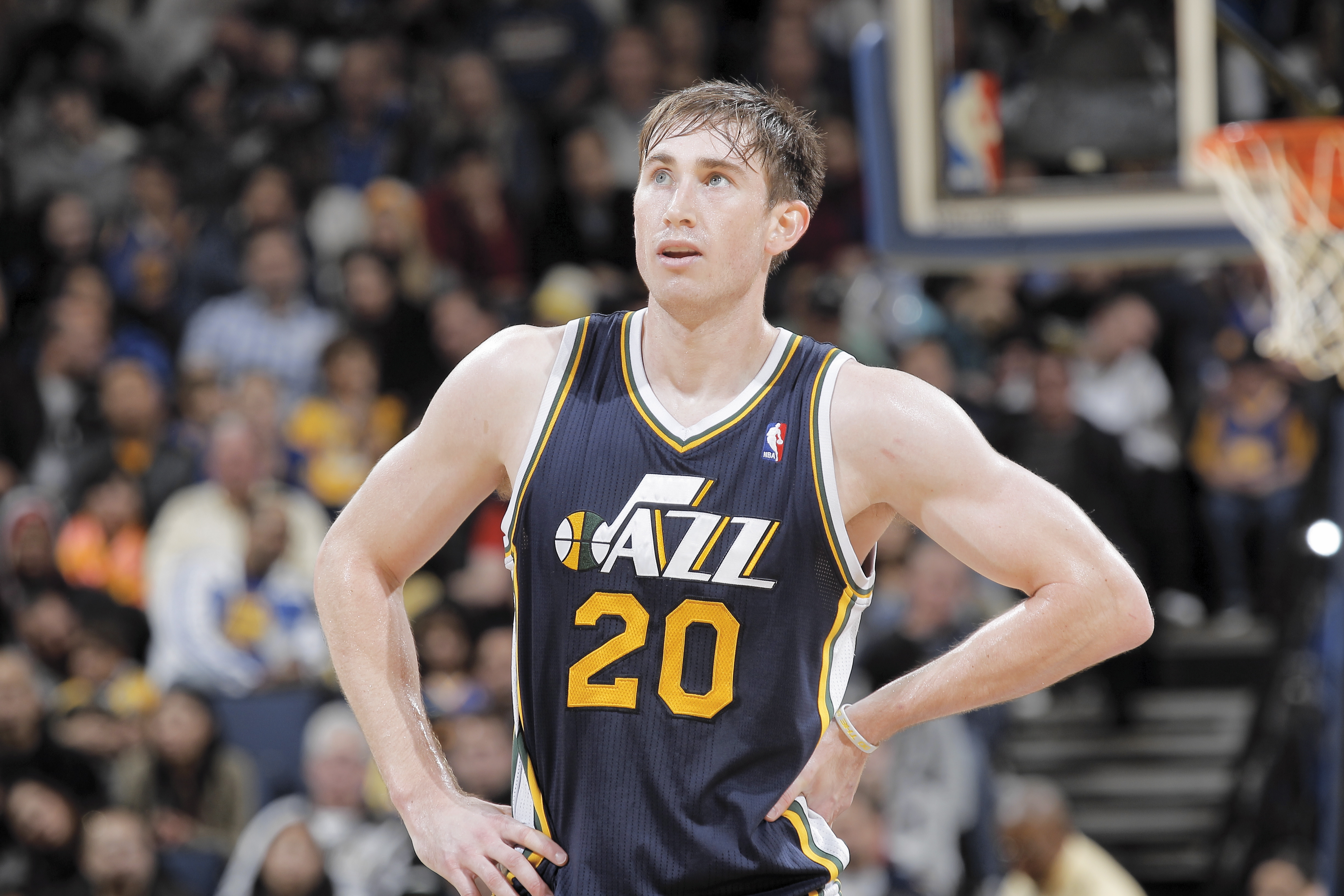 OAKLAND, CA - NOVEMBER 16: Gordon Hayward #20 of the Utah Jazz in a game against the Golden State Warriors on November 16, 2013 at Oracle Arena in Oakland, California. NOTE TO USER: User expressly acknowledges and agrees that, by downloading and or using this photograph, user is consenting to the terms and conditions of Getty Images License Agreement. Mandatory Copyright Notice: Copyright 2013 NBAE (Photo by Rocky Widner/NBAE via Getty Images)