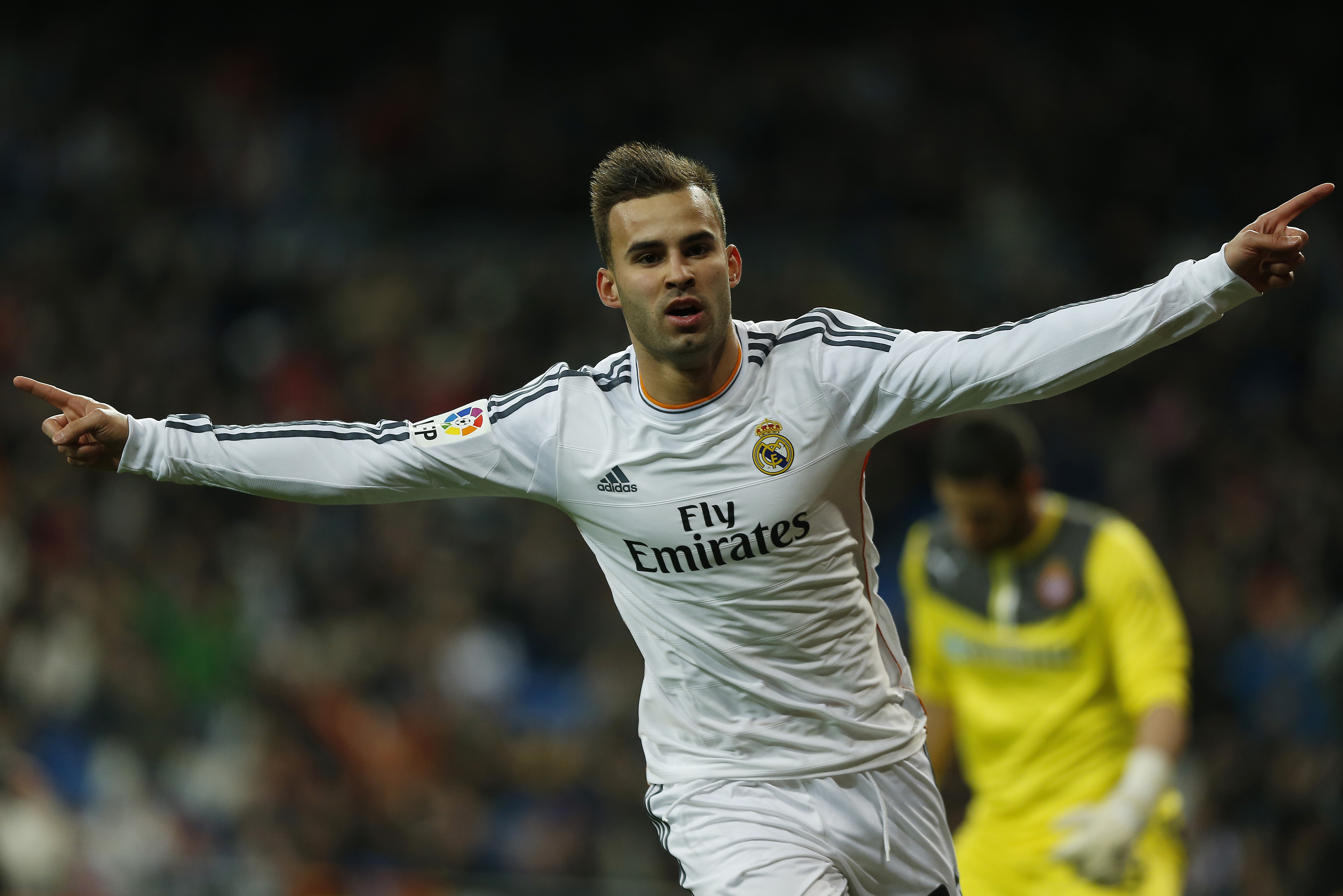 Real Madrid's Jese Rodriguez celebrates his goal during a Copa del Rey soccer match between Real Madrid and Espanyol at the Santiago Bernabeu stadium in Madrid, Spain, Tuesday, Jan. 28, 2014. (AP Photo/Andres Kudacki)