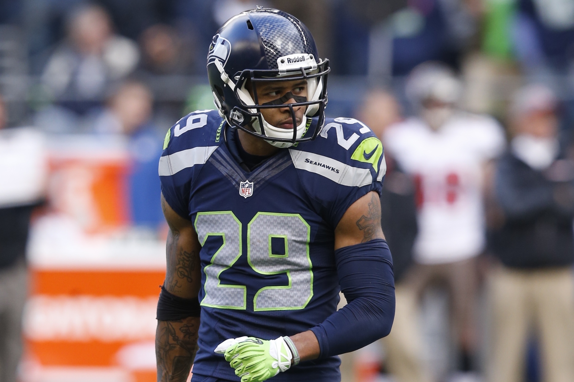 Earl Thomas (29) of the Seattle Seahawks in action during the third quarter against the Tampa Bay Buccaneers at CenturyLink Field during an NFL game in Seattle, WA. on Sunday, November 3, 2013. (AP Photo/David Seelig)