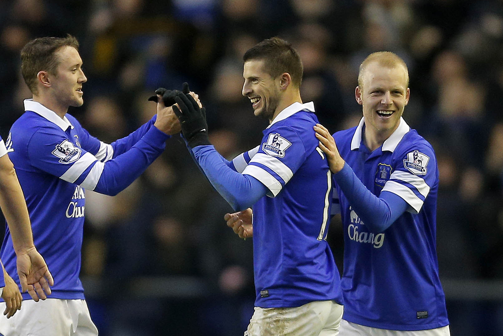 LIVERPOOL, ENGLAND - FEBRUARY 01: Kevin Mirallas (C) of Everton celebrates with his team-mates Aiden McGeady (L) and Steven Naismith (R) after scoring their second goal of the game during the Barclays Premier League match between Everton and Aston Villa at Goodison Park on February 1, 2014 in Liverpool, England. (Photo by Malcolm Couzens/Getty Images)