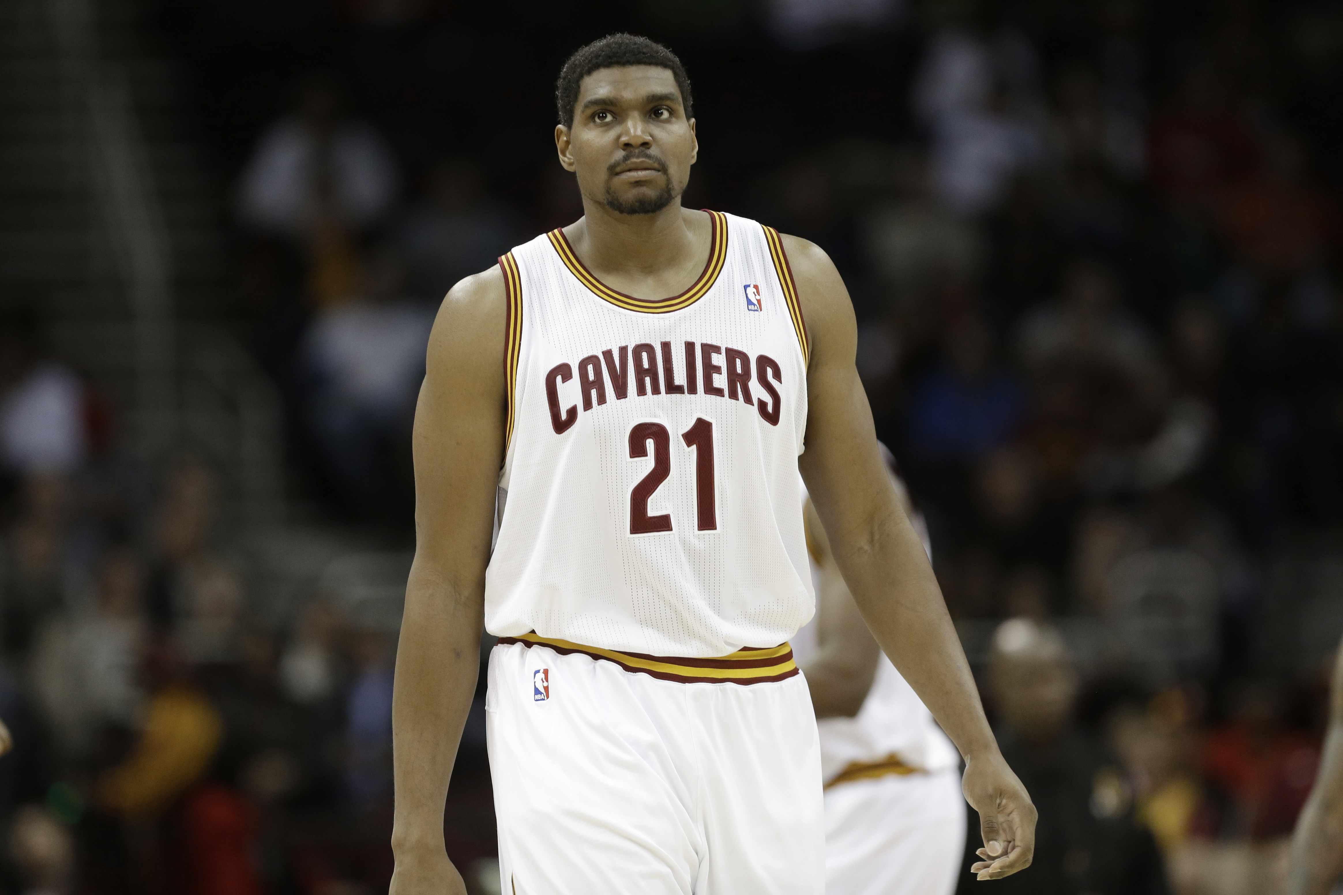 Cleveland Cavaliers' Andrew Bynum before an NBA basketball game against the Detroit Pistons Monday, Dec. 23, 2013, in Cleveland. (AP Photo/Mark Duncan)