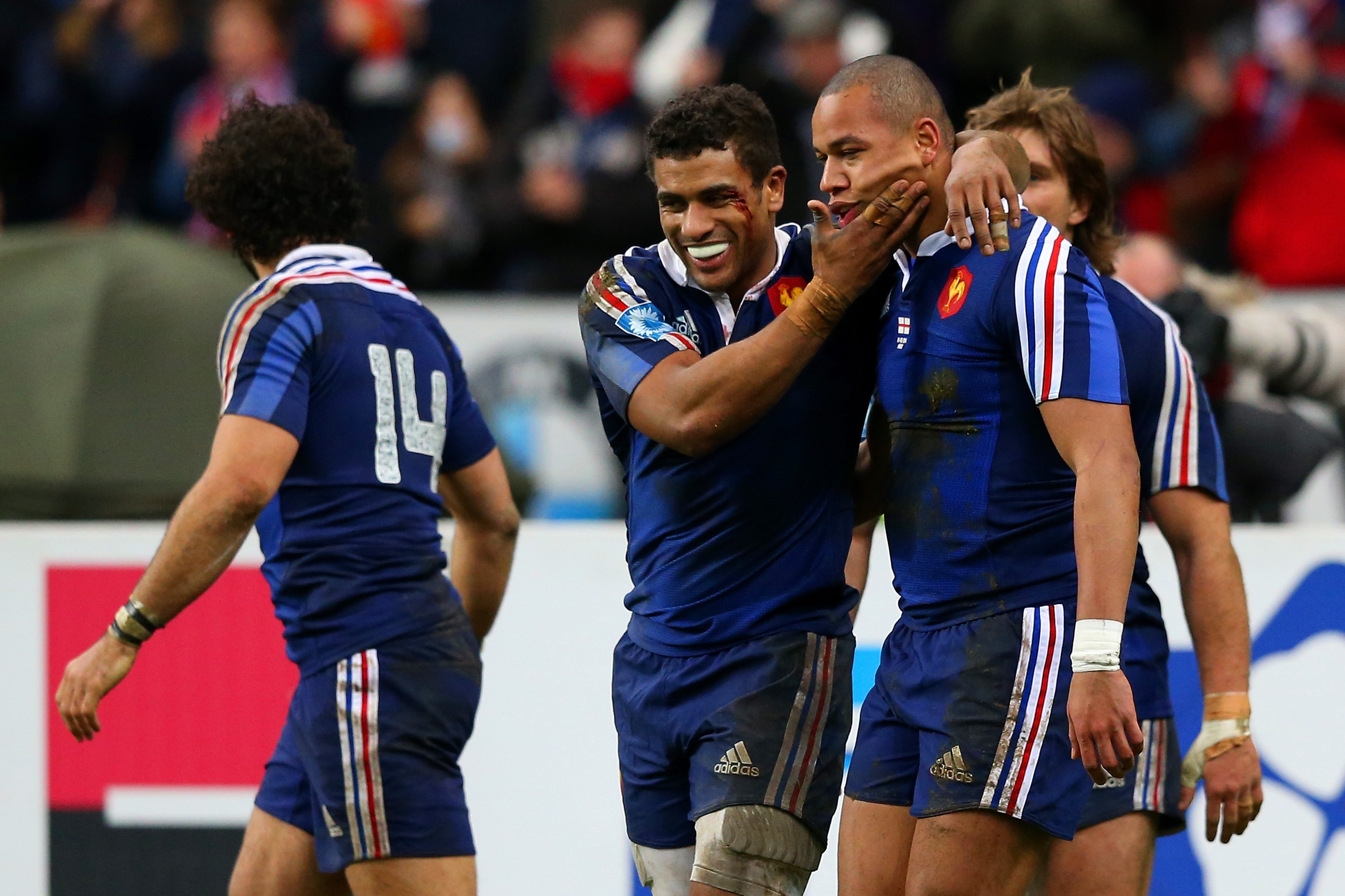 PARIS, FRANCE - FEBRUARY 01:  Gael Fickou of France is congratulated by Wesley Fofana of France  during the RBS Six Nations match between France and England at Stade de France on February 1, 2014 in Paris, France.  (Photo by David Rogers/Getty Images)