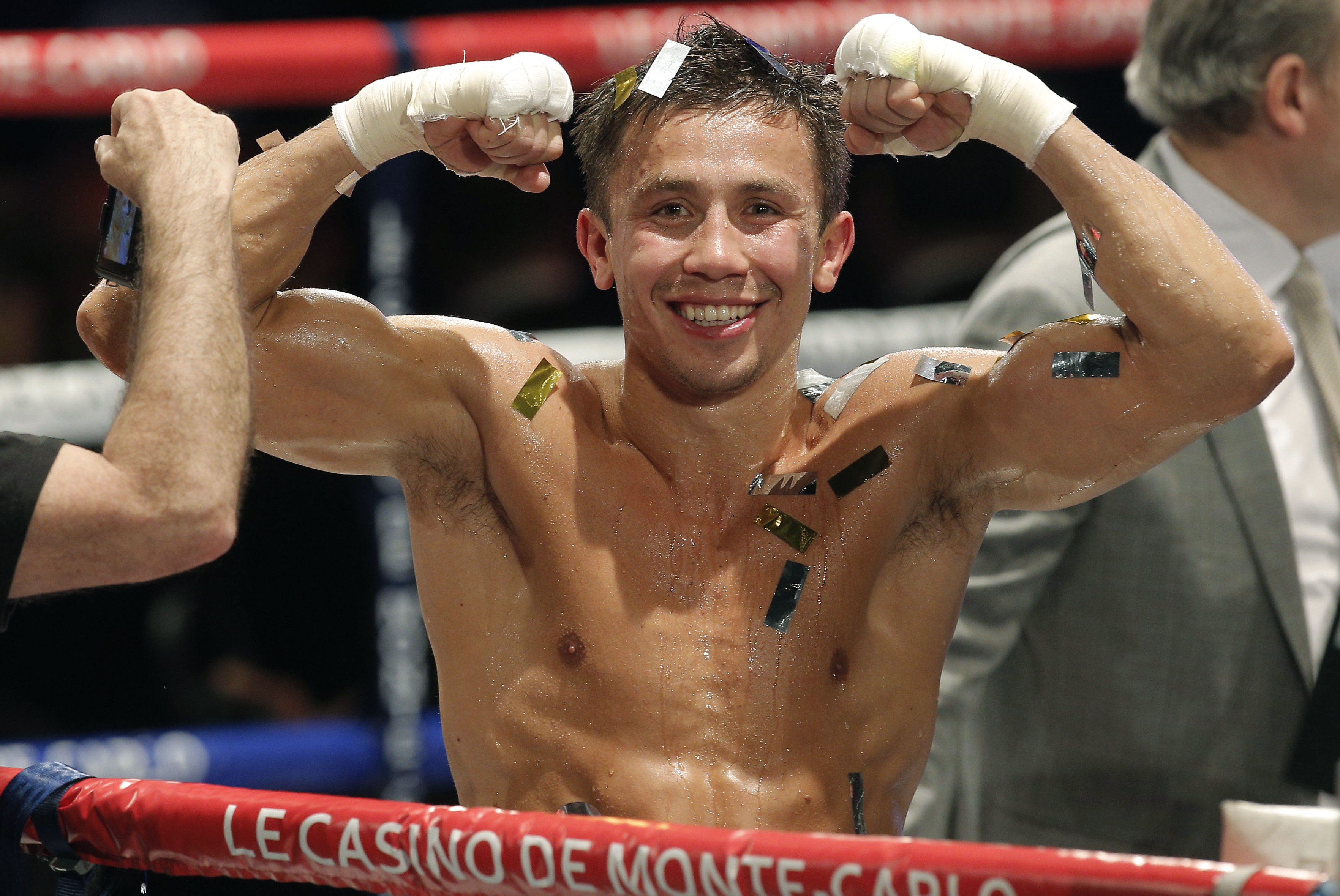 FILE - In this March 30, 2013, file photo, Gennady Golovkin, of Kazakhstan, reacts after defeating Nobuhiro Ishida, of Japan, in their WBA middleweight title fight in Monaco. Golovkin is taking his fifth fight in 13 months against Osumanu Adama in Monte Carlo this weekend instead of waiting around for the big-name bouts he’s hoping to land this year.  (AP Photo/Lionel Cironneau, File)