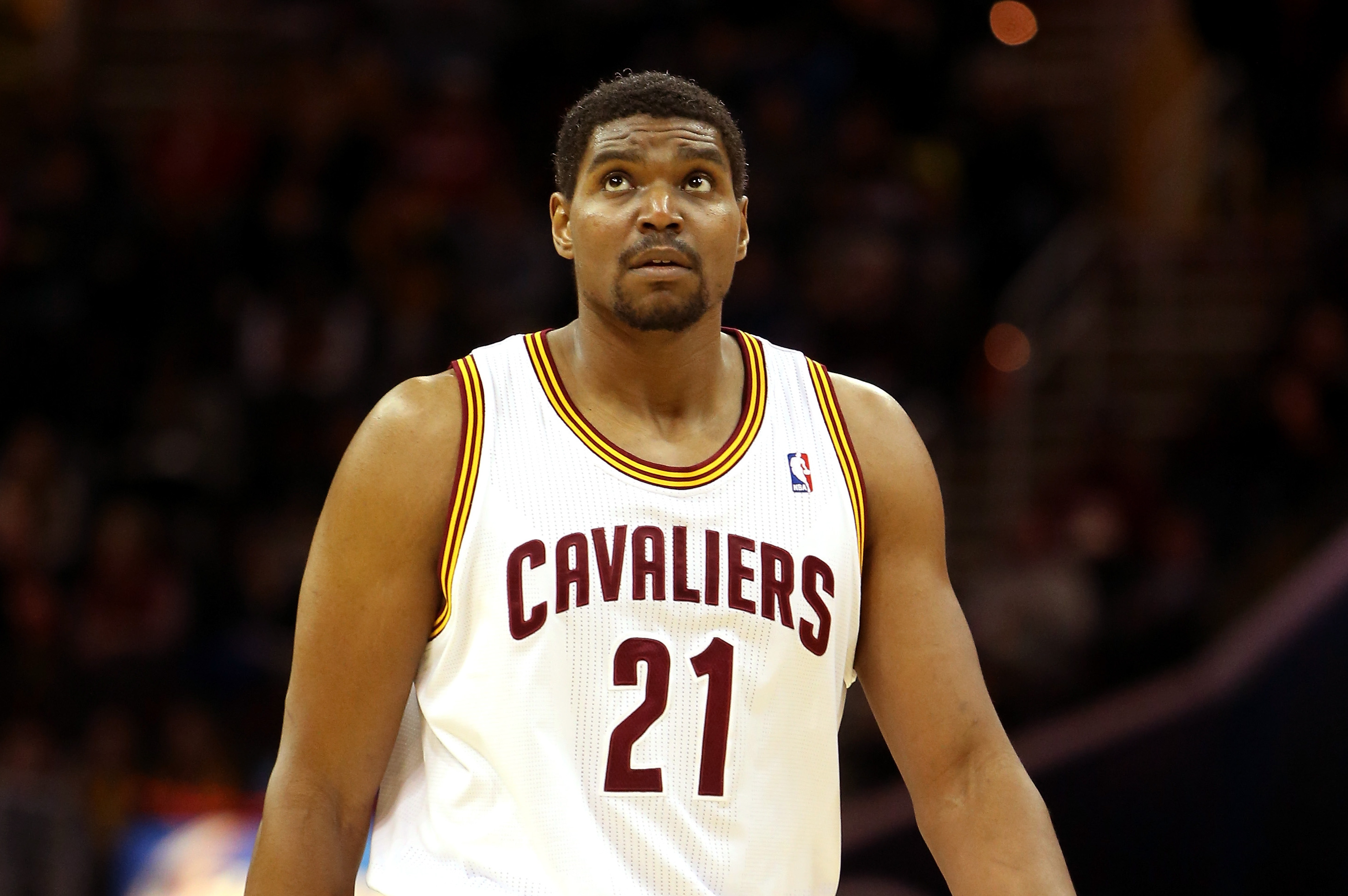 CLEVELAND, OH - DECEMBER 26:  Andrew Bynum #21 of the Cleveland Cavaliers looks on during the game against the Atlanta Hawks at Quicken Loans Arena on December 26, 2013 in Cleveland, Ohio.  NOTE TO USER: User expressly acknowledges and agrees that, by downloading and/or using this photograph, user is consenting to the terms and conditions of the Getty Images License Agreement.  (Photo by Mike Lawrie/Getty Images)