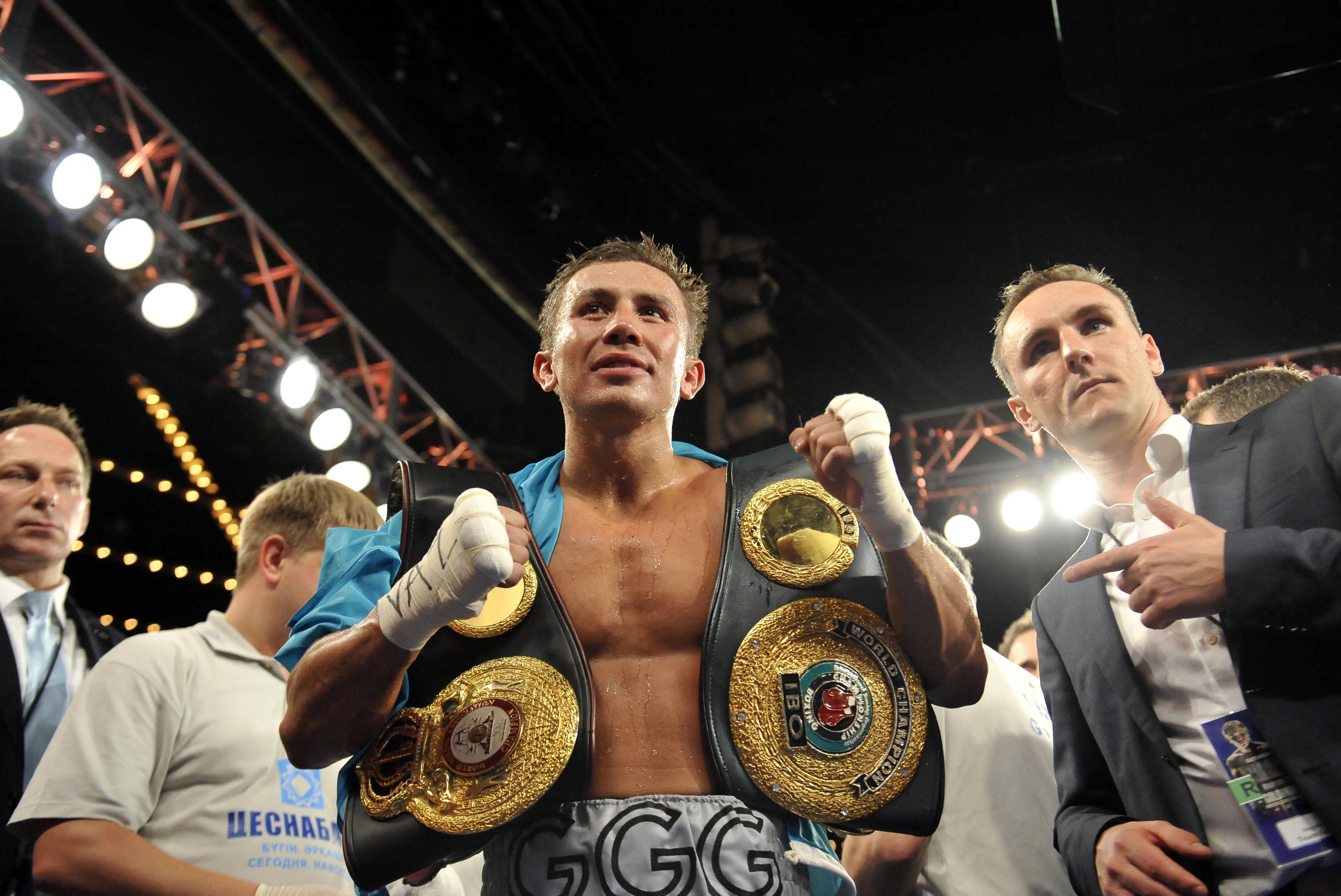 Nov 2, 2013; New York, NY, USA; Gennady Golovkin celebrates his victory over Curtis Stevens after their middleweight world championship bout at The Theater at Madison Square Garden. Golovkin won after the fight was stopped after the eighth round. Mandatory Credit: Joe Camporeale-USA TODAY Sports