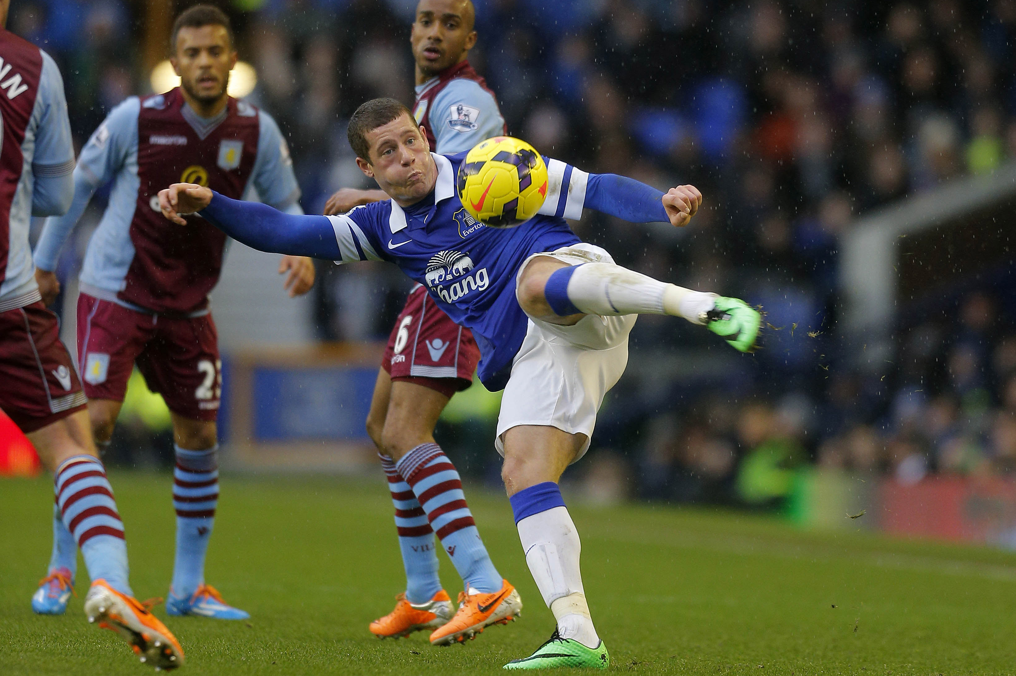 LIVERPOOL, ENGLAND - FEBRUARY 01 2014: Ross Barclay of Everton clears the ball during the Barclays Premier League match between Everton and Aston Villa at Goodison Park on February 1, 2014 in Liverpool England. (Photo by Malcolm Couzens/Getty Images)