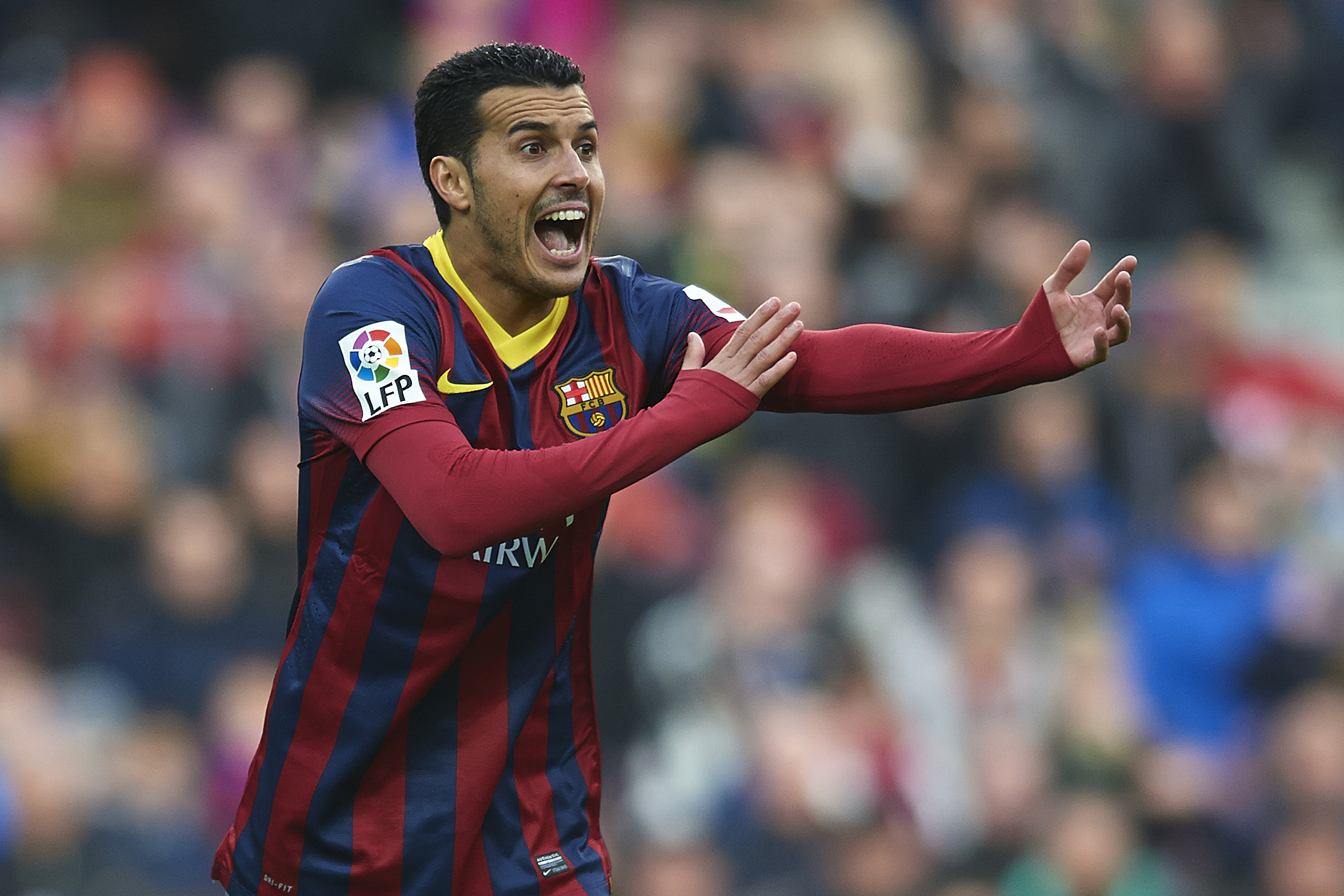BARCELONA, SPAIN - FEBRUARY 01:  Pedro of FC Barcelona reacts during the La Liga match between FC Barcelona and Valencia CF at Camp Nou on February 1, 2014 in Barcelona, Spain.  (Photo by Manuel Queimadelos Alonso/Getty Images)