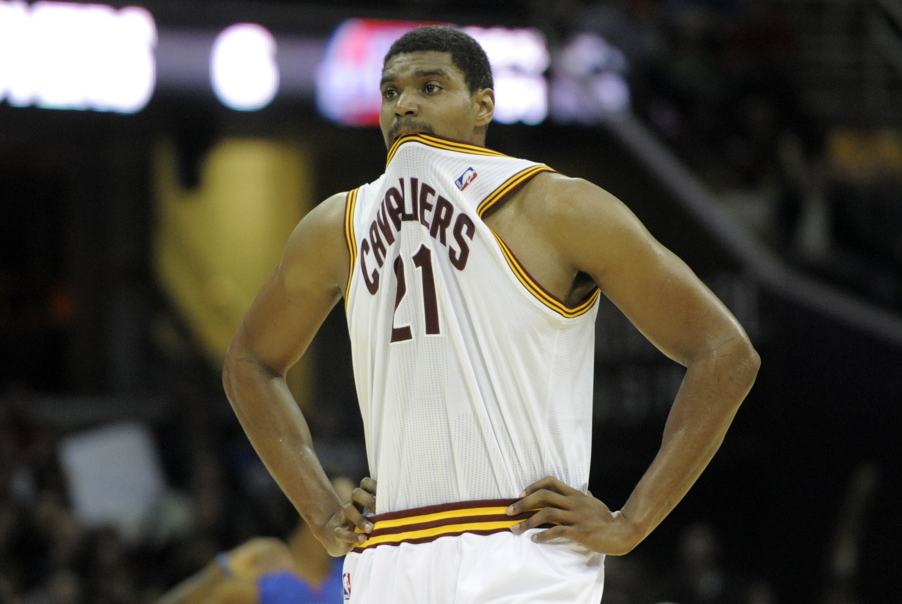 Dec 23, 2013; Cleveland, OH, USA; Cleveland Cavaliers center Andrew Bynum reacts in the second quarter against the Detroit Pistons at Quicken Loans Arena. Mandatory Credit: David Richard-USA TODAY Sports