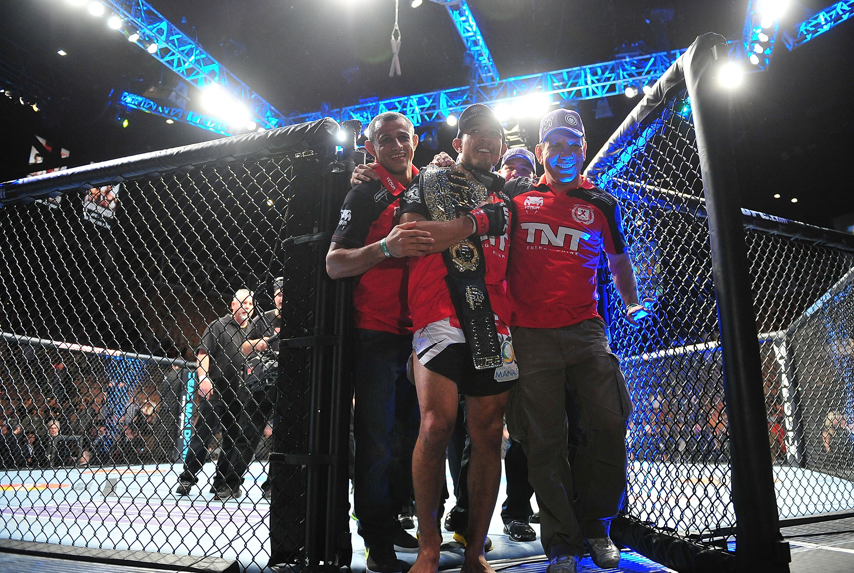 Feb 2, 2013; Las Vegas, NV, USA; Jose Aldo with his team during UFC 156 at the Mandalay Bay Events Center. Mandatory Credit: Gary A. Vasquez-USA TODAY Sports
