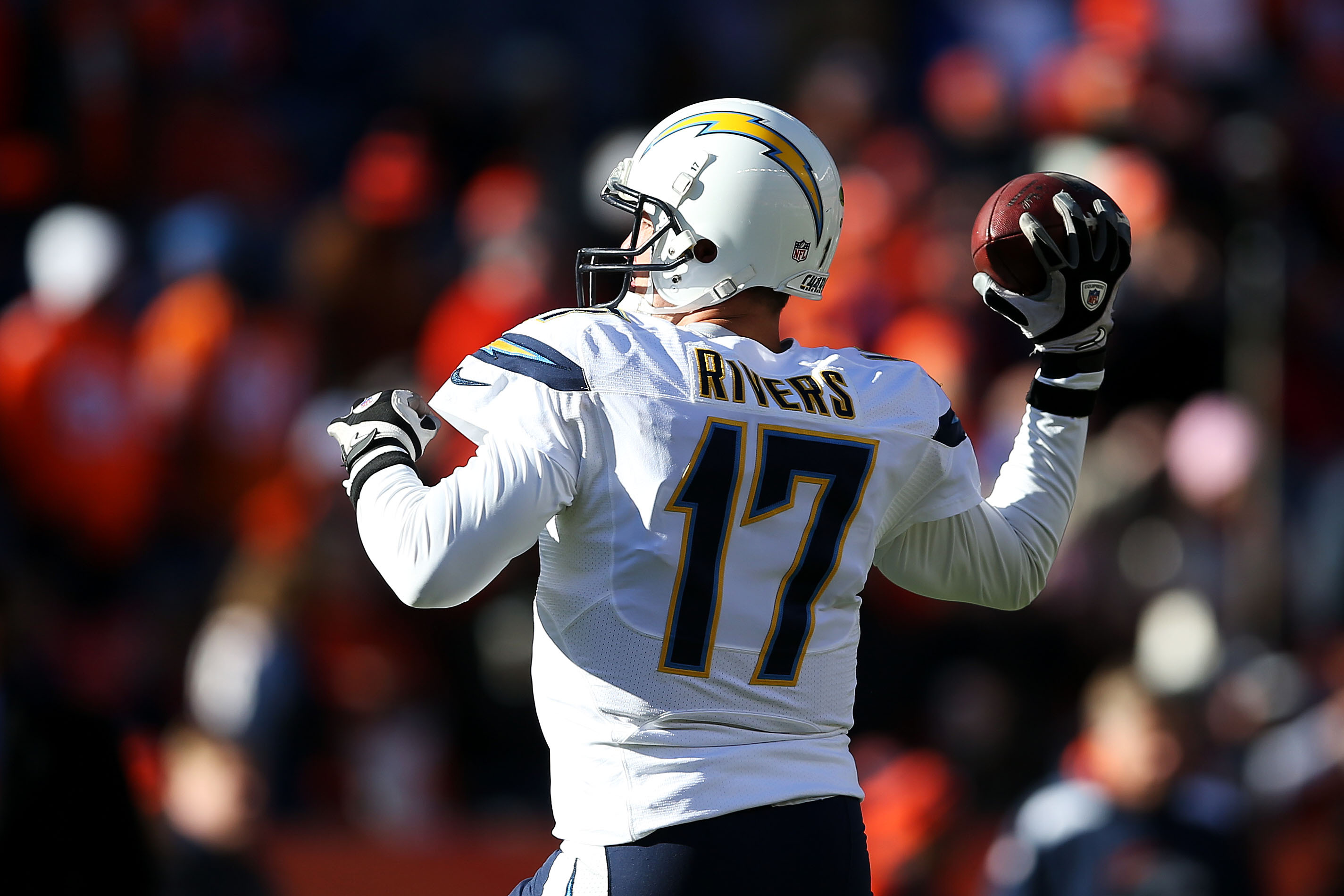 DENVER, CO - JANUARY 12:  Quarterback Philip Rivers #17 of the San Diego Chargers warms up prior to their AFC Divisional Playoff Game against the Denver Broncos at Sports Authority Field at Mile High on January 12, 2014 in Denver, Colorado.  (Photo by Christian Petersen/Getty Images)
