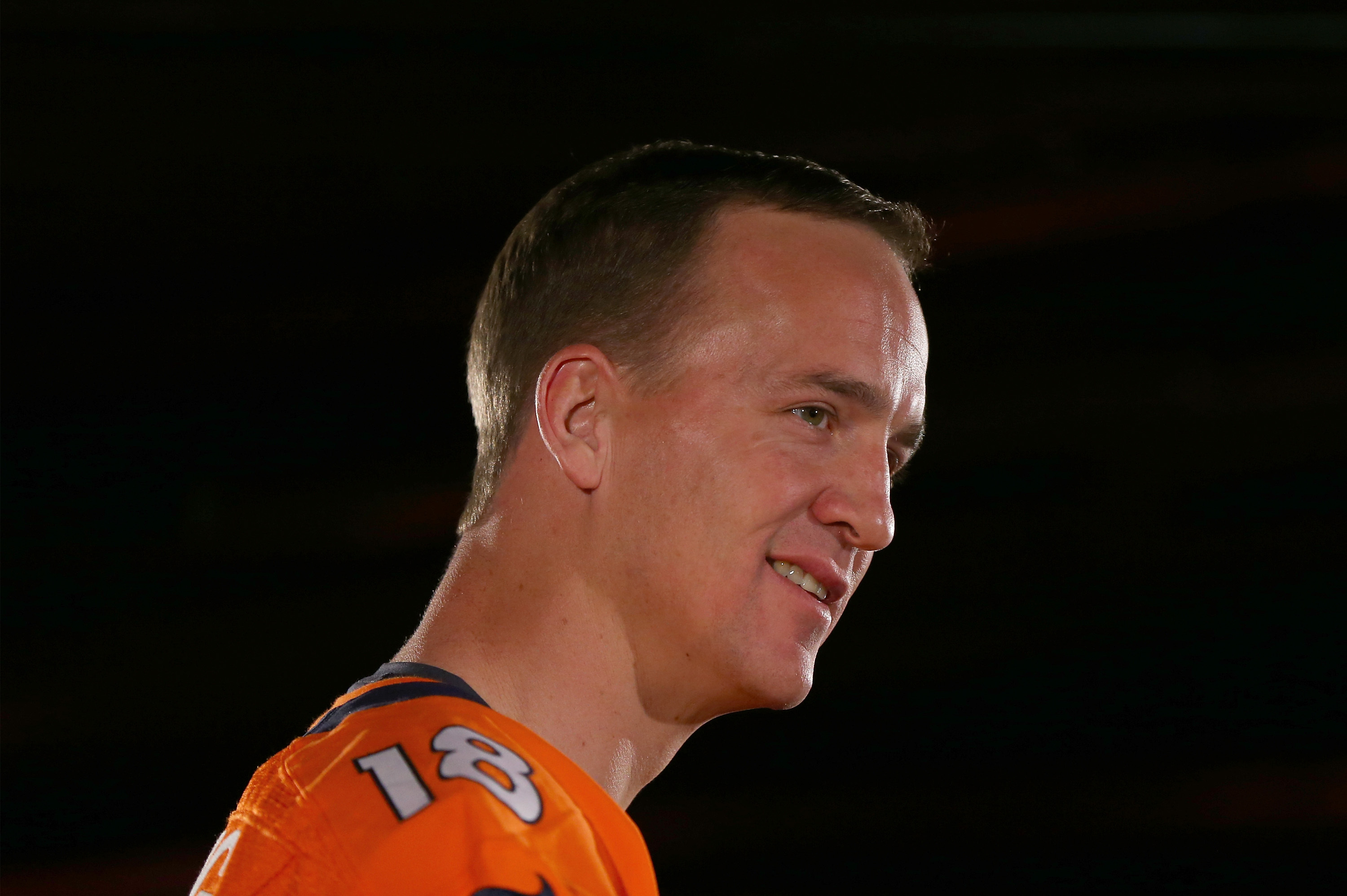 JERSEY CITY, NJ - JANUARY 30:  Peyton Manning of the Denver Broncos addresses the media during Super Bowl XLVIII media availability at the Westin Hotel January 30, 2014 in Jersey City, New Jersey. The Denver Broncos and Seattle Seahawks will meet in Super Bowl XLVIII at Metlife Stadium on February 2, 2014.  (Photo by Elsa/Getty Images)