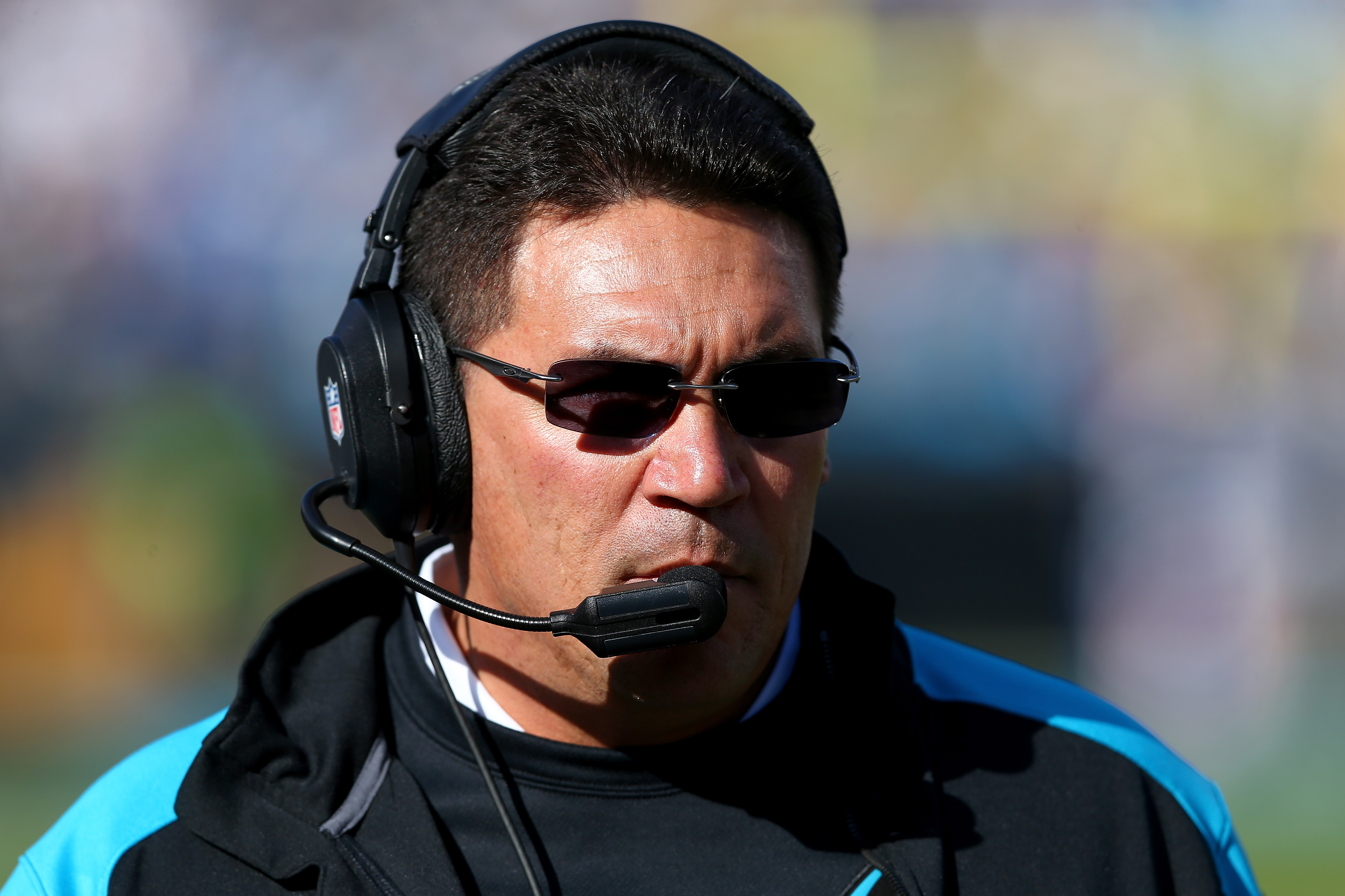 CHARLOTTE, NC - DECEMBER 01:  Head coach Ron Rivera of the Carolina Panthers watches on during their game against the Tampa Bay Buccaneers at Bank of America Stadium on December 1, 2013 in Charlotte, North Carolina.  (Photo by Streeter Lecka/Getty Images)