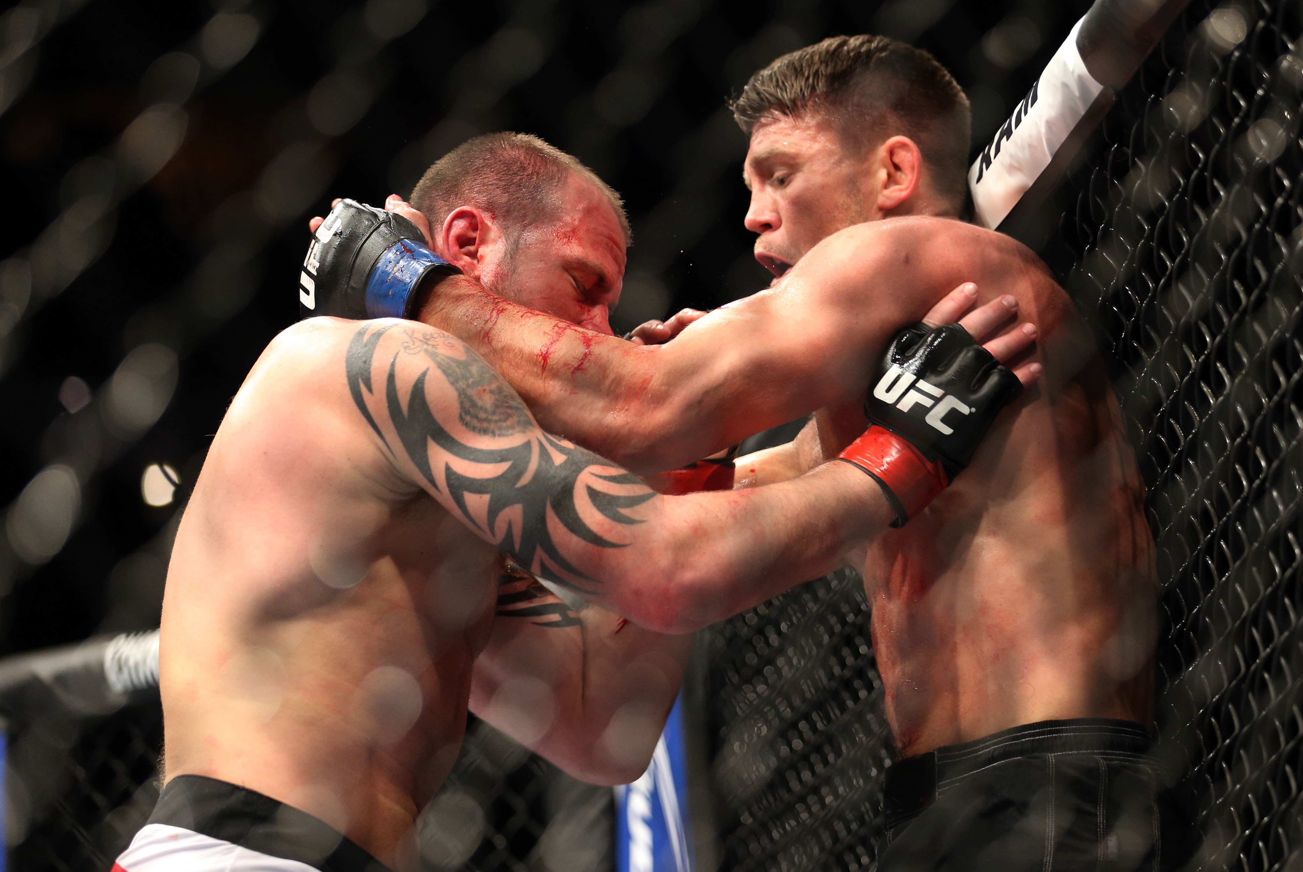 Feb 1, 2014; Newark, NJ, USA; Nick Catone (red gloves) fights Tom Watson (blue gloves) during UFC 169 at Prudential Center. Mandatory Credit: Joe Camporeale-USA TODAY Sports
