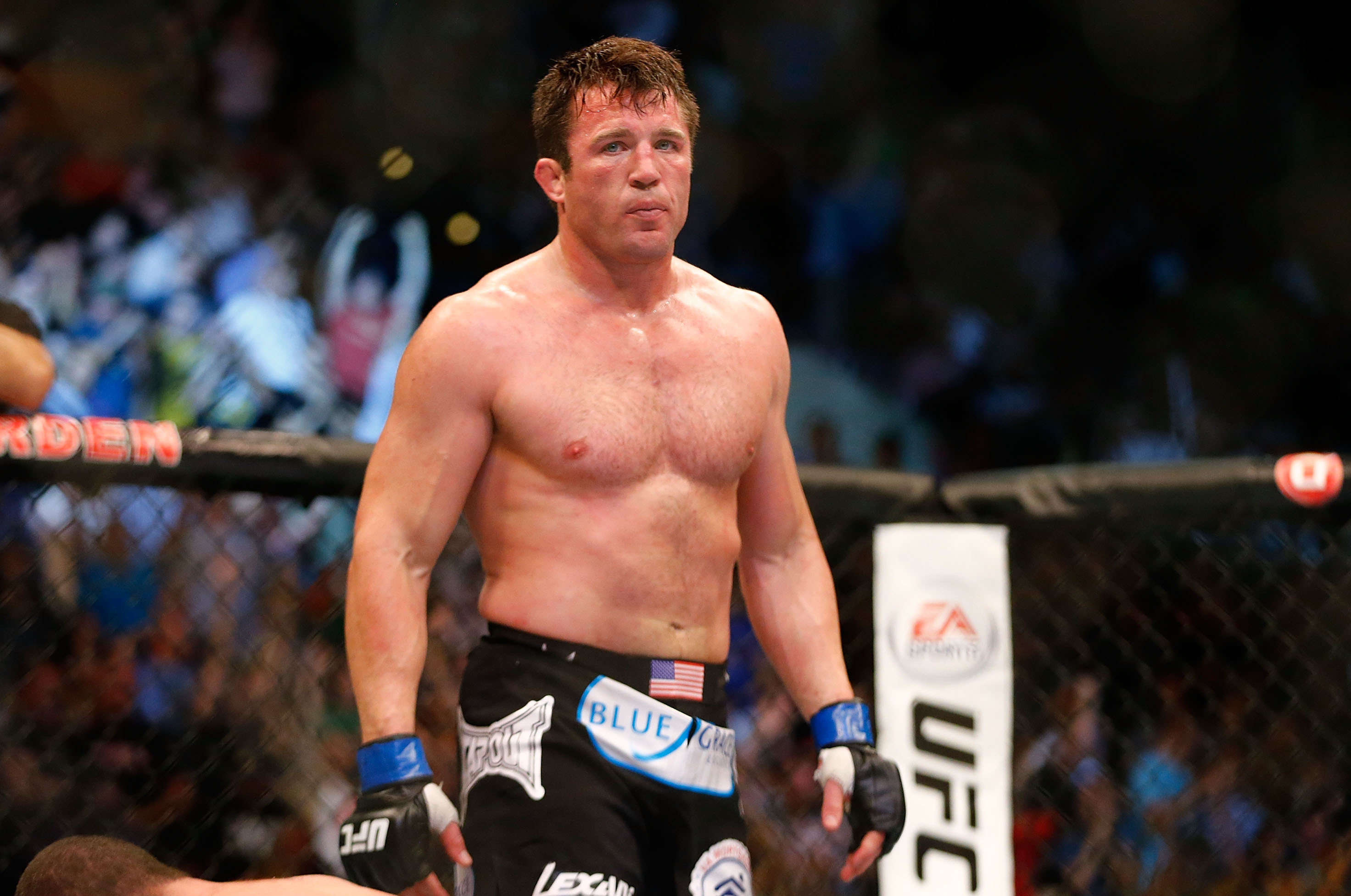 BOSTON, MA - AUGUST 17: Chael Sonnen reacts after winning the fight with a tap out by guillotine choke against Mauricio Rua in their light heavyweight bout at TD Garden on August 17, 2013 in Boston, Massachusetts. (Photo by Jared Wickerham/Getty Images)