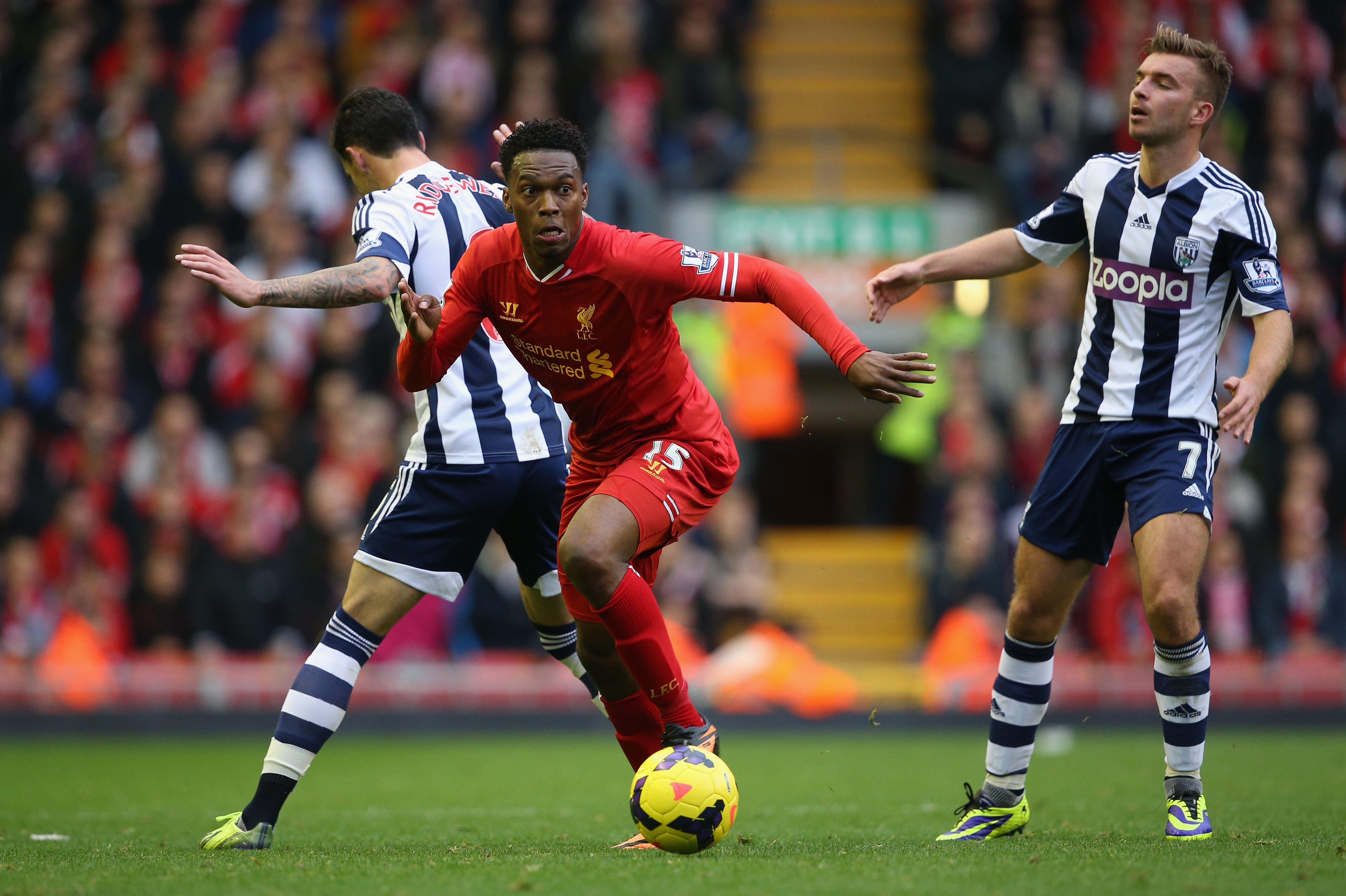 LIVERPOOL, ENGLAND - OCTOBER 26:  Daniel Sturridge of Liverpool in action during the Barclays Premier League match between Liverpool and West Bromwich Albion at Anfield on October 26, 2013 in Liverpool, England.  (Photo by Clive Brunskill/Getty Images)