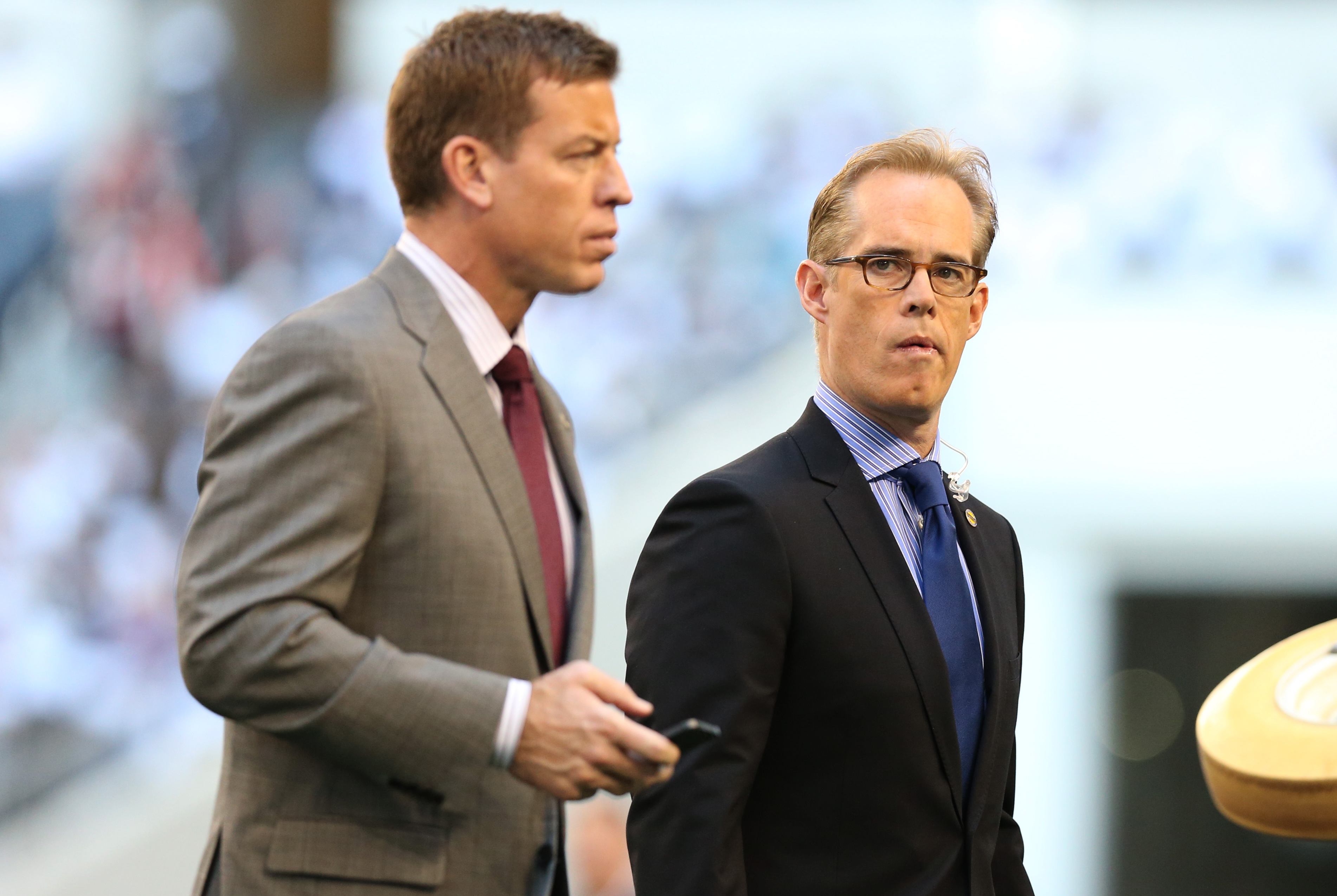 Nov 22, 2012; Arlington, TX, USA; Fox announcers Troy Aikman (left) and Joe Buck on the field prior to the game with the Dallas Cowboys playing against the Washington Redskins on Thanksgiving at Cowboys Stadium. Mandatory Credit: Matthew Emmons-USA TODAY Sports
