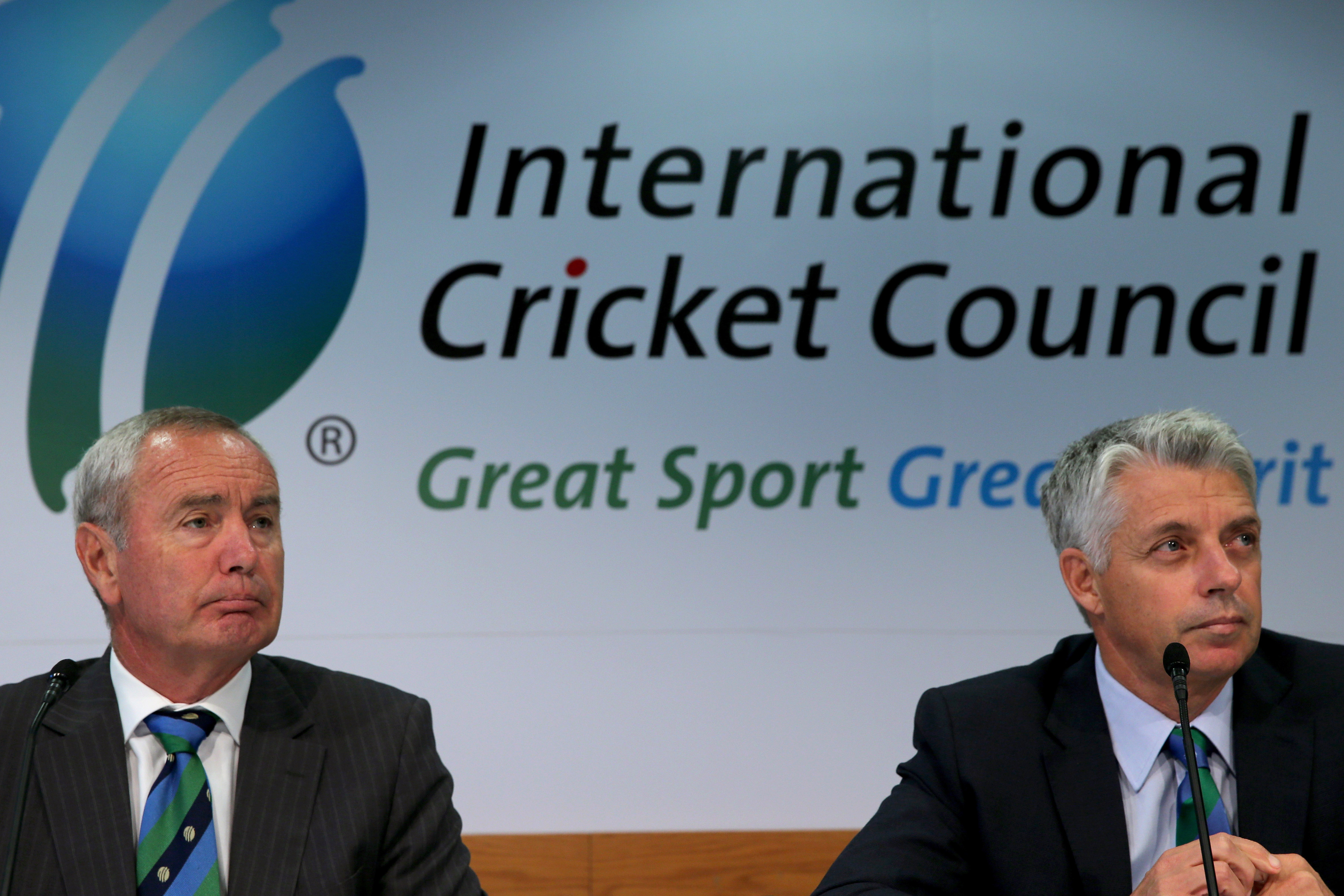 DUBAI, UNITED ARAB EMIRATES - JANUARY 29:  Alan Isaac (L), President of the ICC  and David Richardson (R) , Chief Executive of the ICC speaks to the media during the ICC press conference after a two day board meeting at the ICC Headquarters in Dubai Sports City on January 29, 2014 in Dubai, United Arab Emirates.  (Photo by Francois Nel/Getty Images)