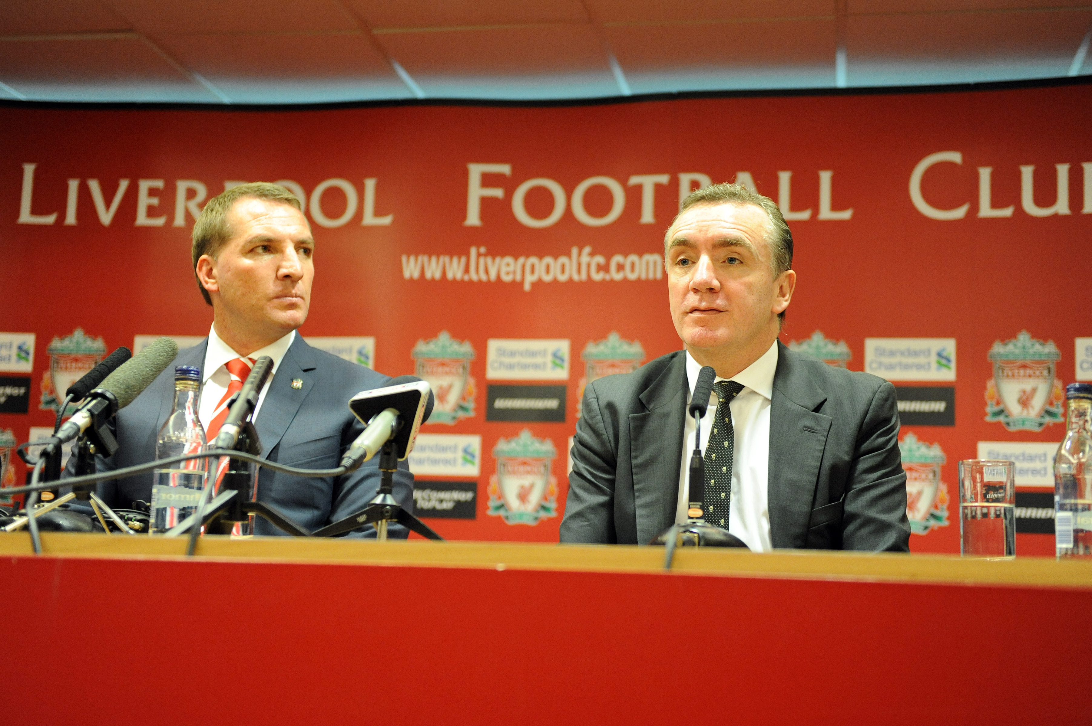 LIVERPOOL, UNITED KINGDOM - JUNE 01:  Brendan Rodgers (L) is unveiled as the new Liverpool FC manager by Ian Ayre (R) Managing Director of Liverpool FC at a press conference at Anfield on June 01, 2012 in Liverpool, England. (Photo by Clint Hughes/Getty Images)