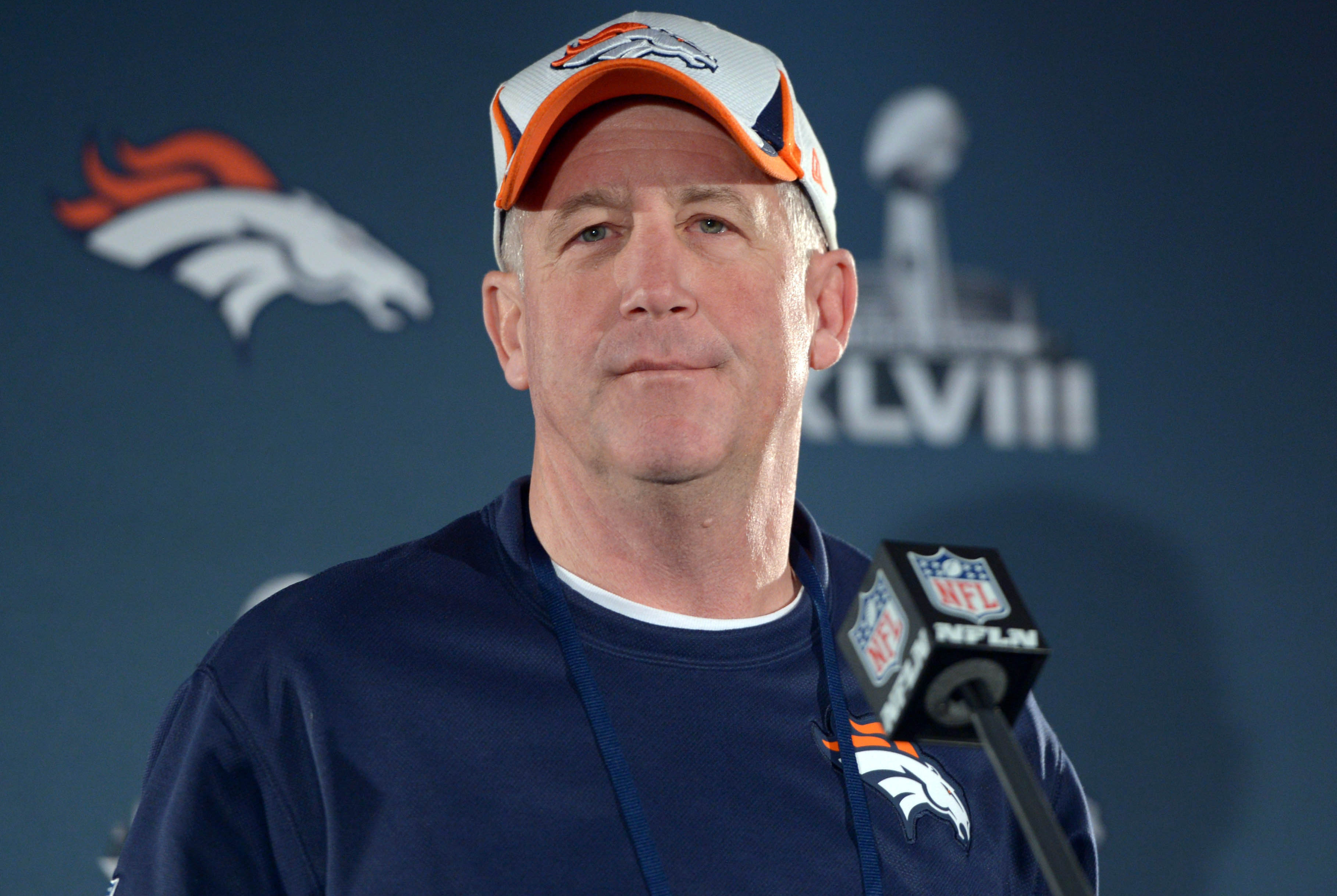 Jan 30, 2014; Jersey City, NJ, USA; Denver Broncos coach John Fox at a press conference in advance of Super Bowl XLVIII on the Cornucopia Majesty yacht on the Hudson River. Mandatory Credit: Kirby Lee-USA TODAY Sports