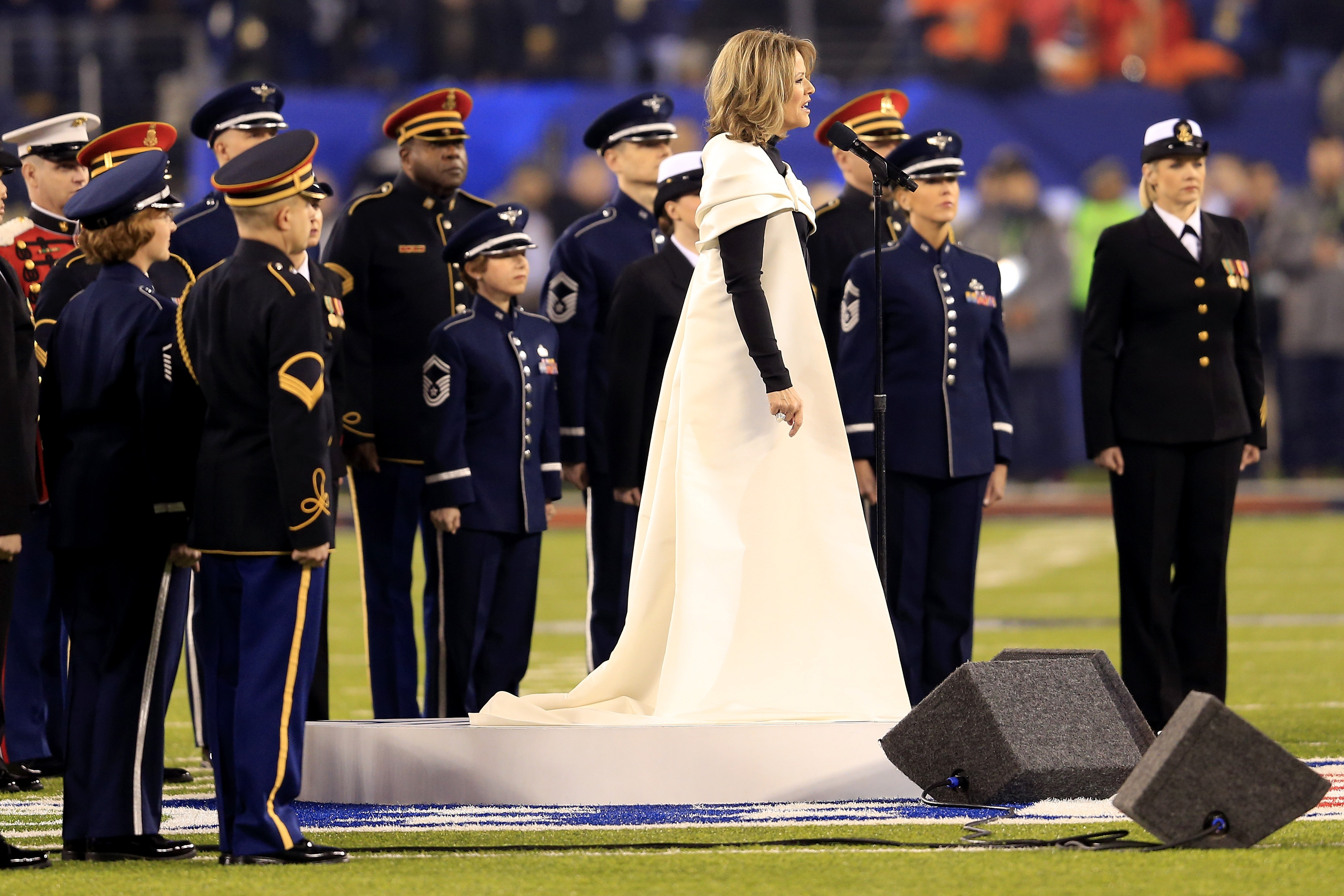 EAST RUTHERFORD, NJ - FEBRUARY 02:  Opera singer Renee Fleming sings the national anthem before the Seattle Seahawks take on the Denver Broncos during Super Bowl XLVIII at MetLife Stadium on February 2, 2014 in East Rutherford, New Jersey.  (Photo by Rob Carr/Getty Images)