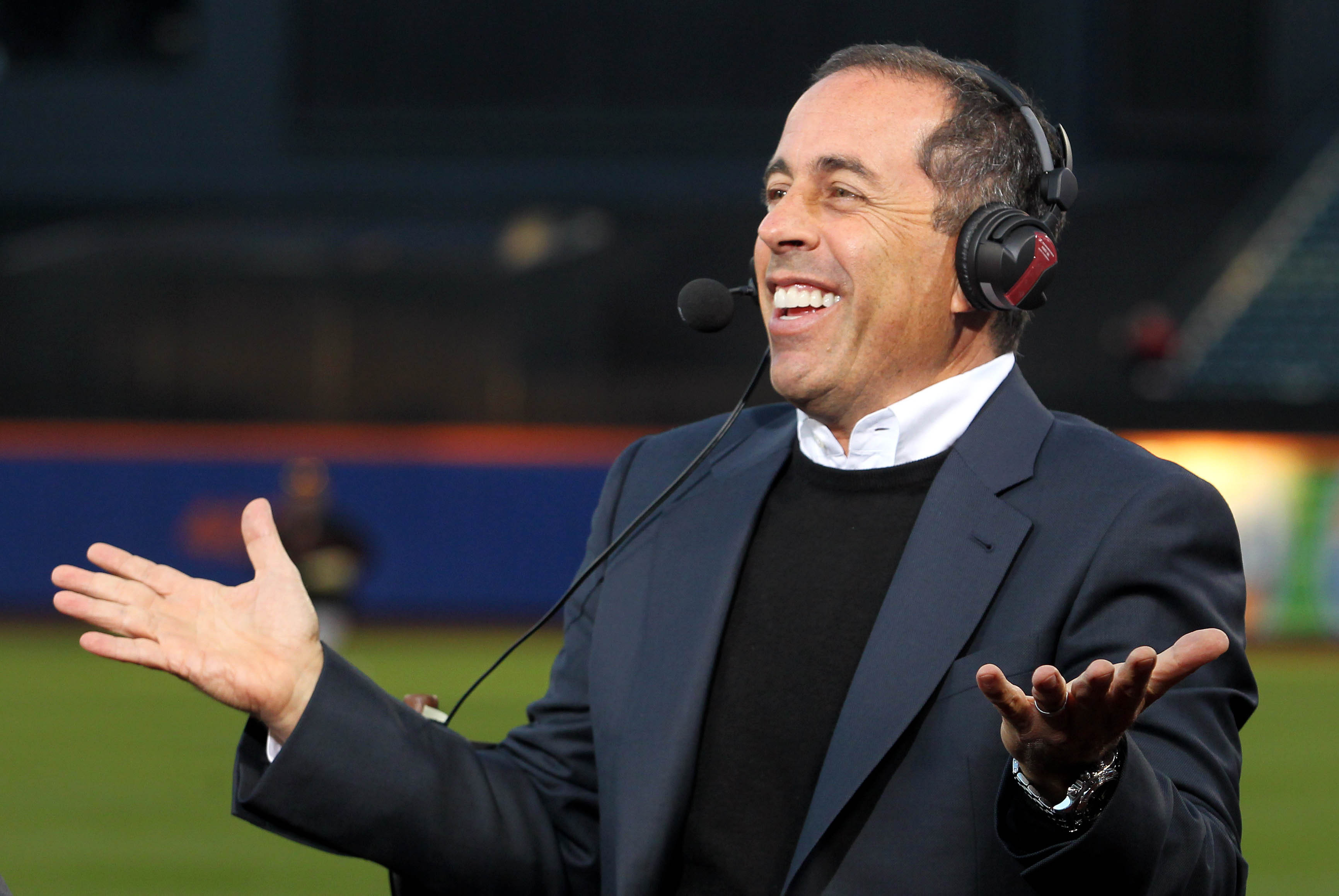 Sep 17, 2013; New York, NY, USA; Comedian and New York Mets fan Jerry Seinfeld appears on the Mets pre game show on SNY before a game between the New York Mets and the San Francisco Giants at Citi Field. Mandatory Credit: Brad Penner-USA TODAY Sports