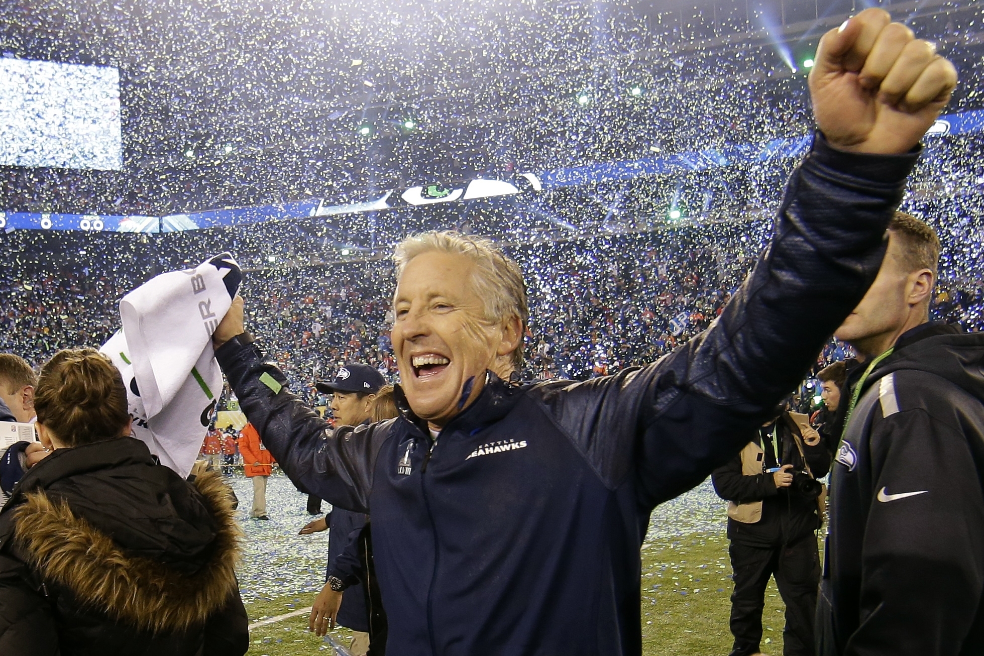 Seattle Seahawks head coach Pete Carroll celebrates after the NFL Super Bowl XLVIII football game against the Denver Broncos Sunday, Feb. 2, 2014, in East Rutherford, N.J. The Seahawks won 43-8. (AP Photo/Matt Slocum)