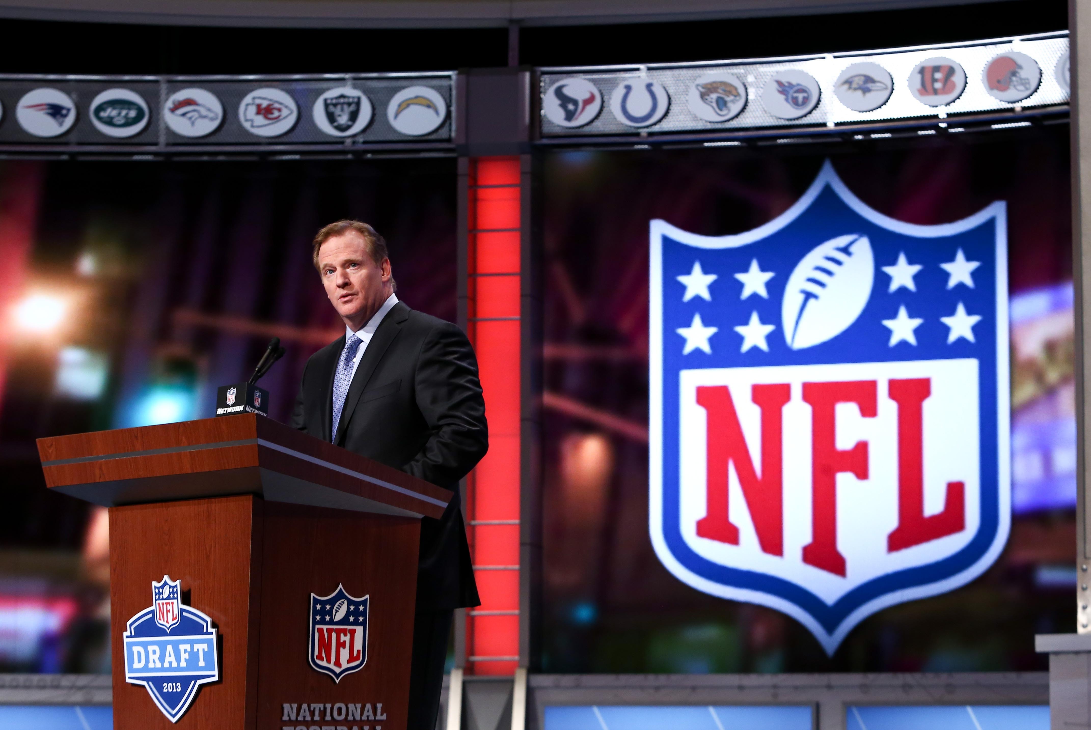Apr 26, 2013; New York, NY, USA; NFL commissioner Roger Goodell speaks before the second round of the 2013 NFL Draft at Radio City Music Hall. Mandatory Credit: Debby Wong-USA TODAY Sports