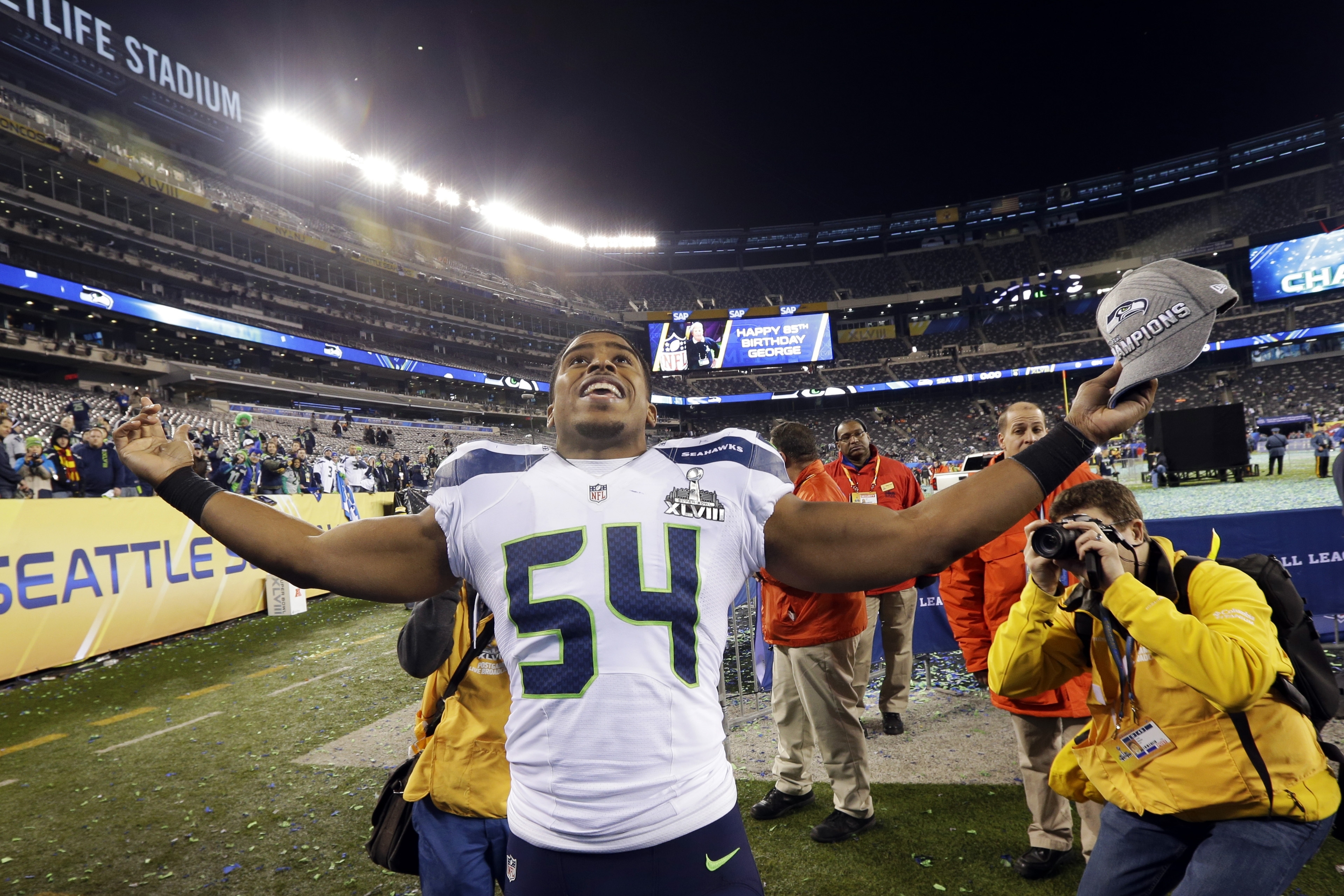 Seattle Seahawks' Bobby Wagner (54) celebrates after the NFL Super Bowl XLVIII football game against the Denver Broncos, Sunday, Feb. 2, 2014, in East Rutherford, N.J. The Seahawks won 43-8. (AP Photo/Ted S. Warren)