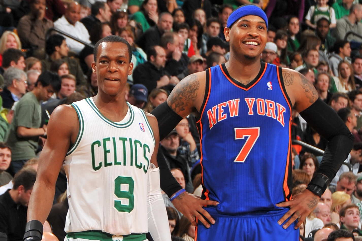 BOSTON, MA - FEBRUARY 3: Rajon Rondo #9 of the Boston Celtics chats with Carmelo Anthony #7 of the New York Knicks on February 3, 2012 at the TD Garden in Boston, Massachusetts. NOTE TO USER: User expressly acknowledges and agrees that, by downloading and or using this photograph, User is consenting to the terms and conditions of the Getty Images License Agreement. Mandatory Copyright Notice: Copyright 2012 NBAE  (Photo by Steve Babineau/NBAE via Getty Images)