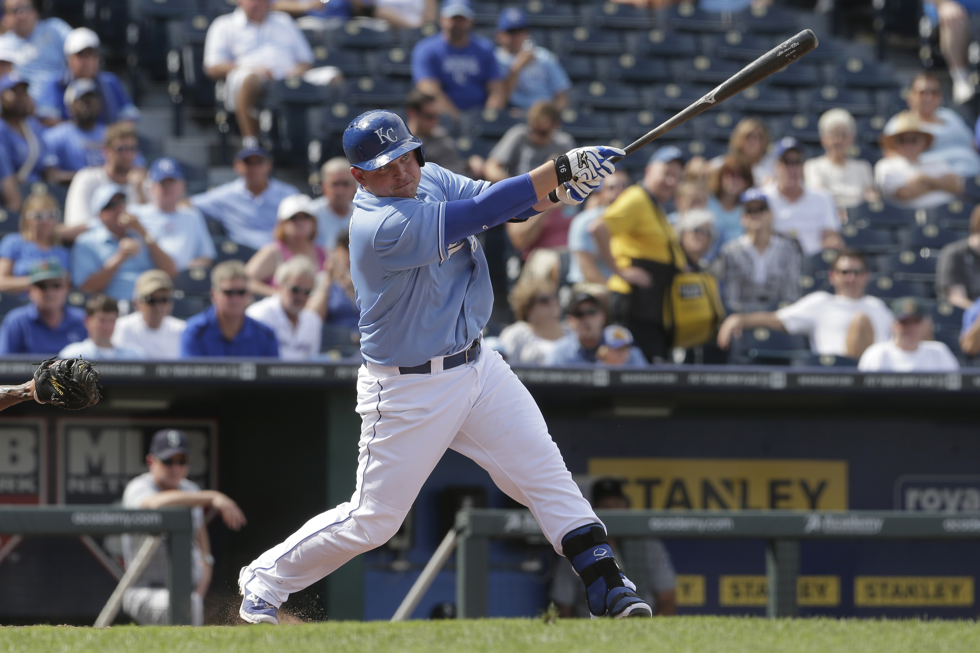 Kansas City Royals' Billy Butler bats during a baseball game against the Seattle Mariners Thursday, Sept. 5, 2013, in Kansas City, Mo. (AP Photo/Charlie Riedel)