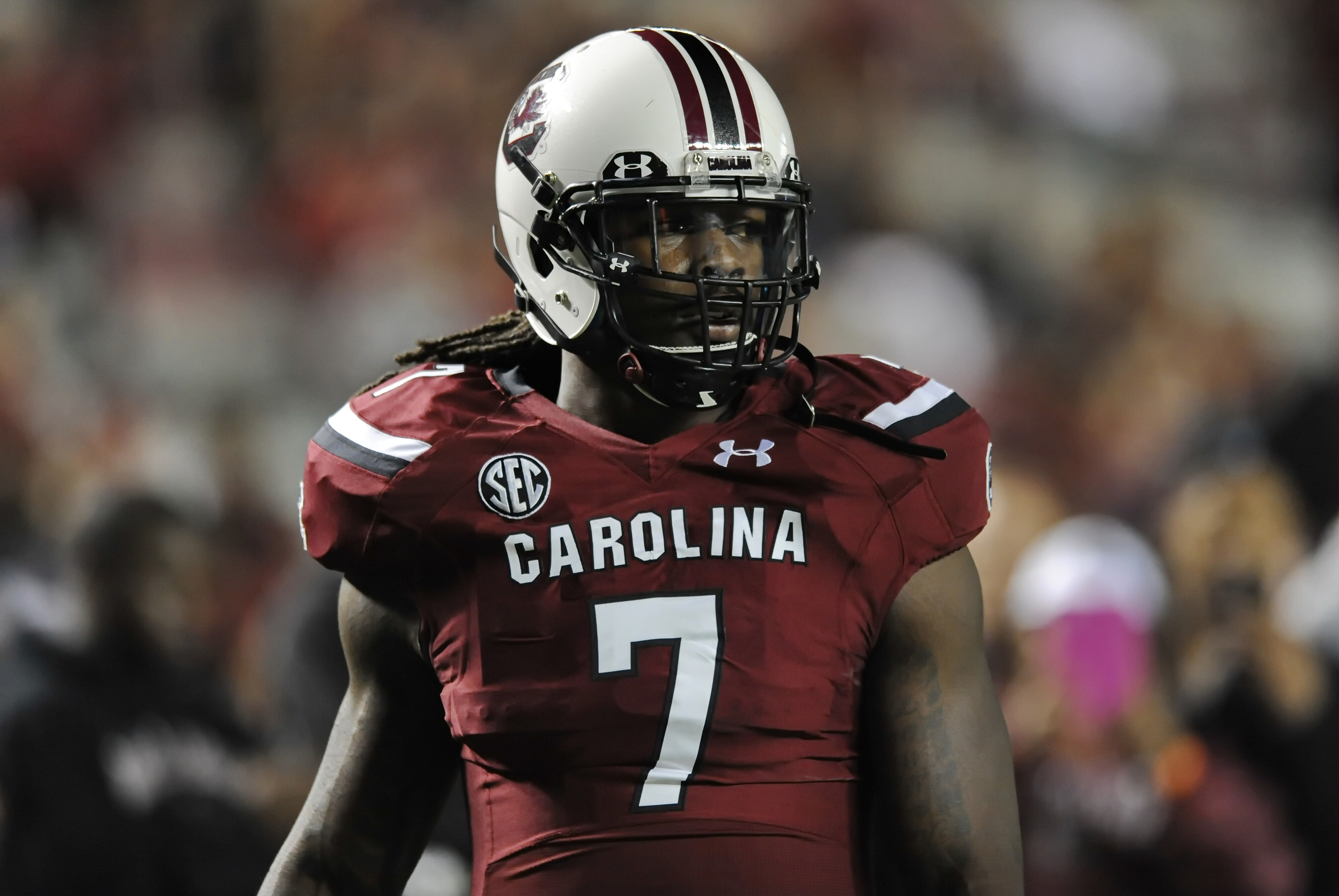 South Carolina's Jadeveon Clowney warms up before the start of an NCAA college football game against Florida Saturday, Nov. 16, 2013, at Williams-Brice Stadium in Columbia, S.C. (AP Photo/ Richard Shiro)
