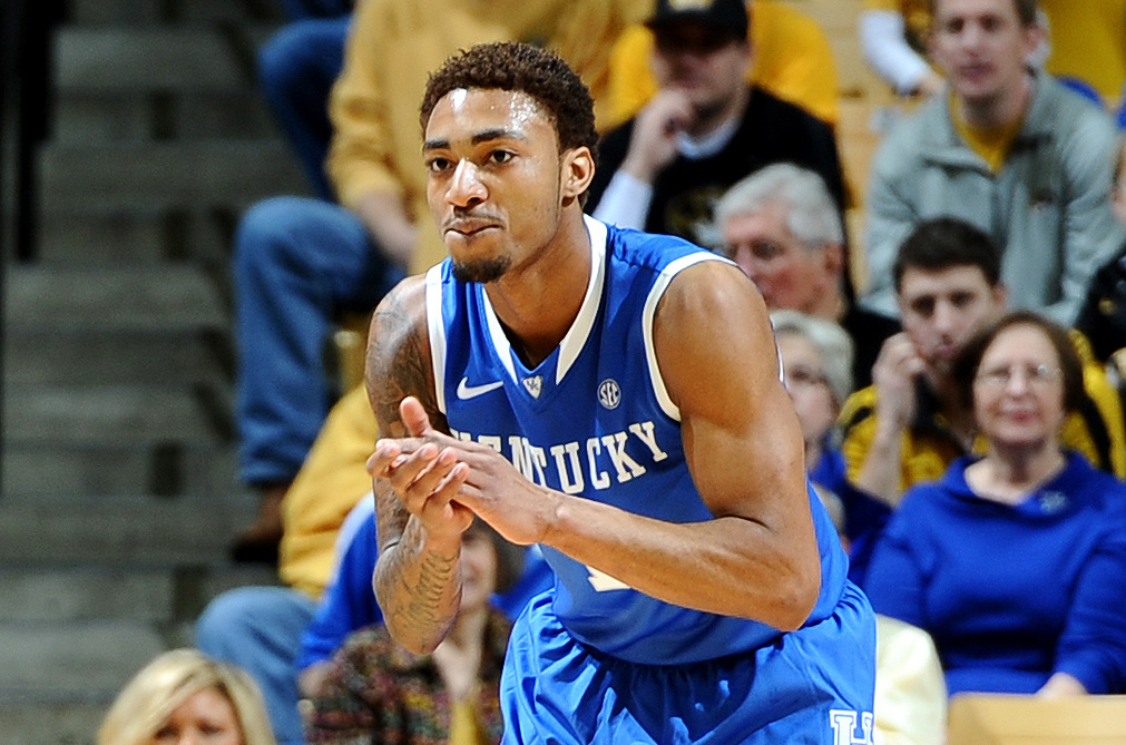 Feb 1, 2014; Columbia, MO, USA; Kentucky Wildcats guard/forward James Young (1) reacts during the first half at Mizzou Arena. The Kentucky Wildcats defeated the Missouri Tigers 84-79. Mandatory Credit: Dak Dillon-USA TODAY Sports
