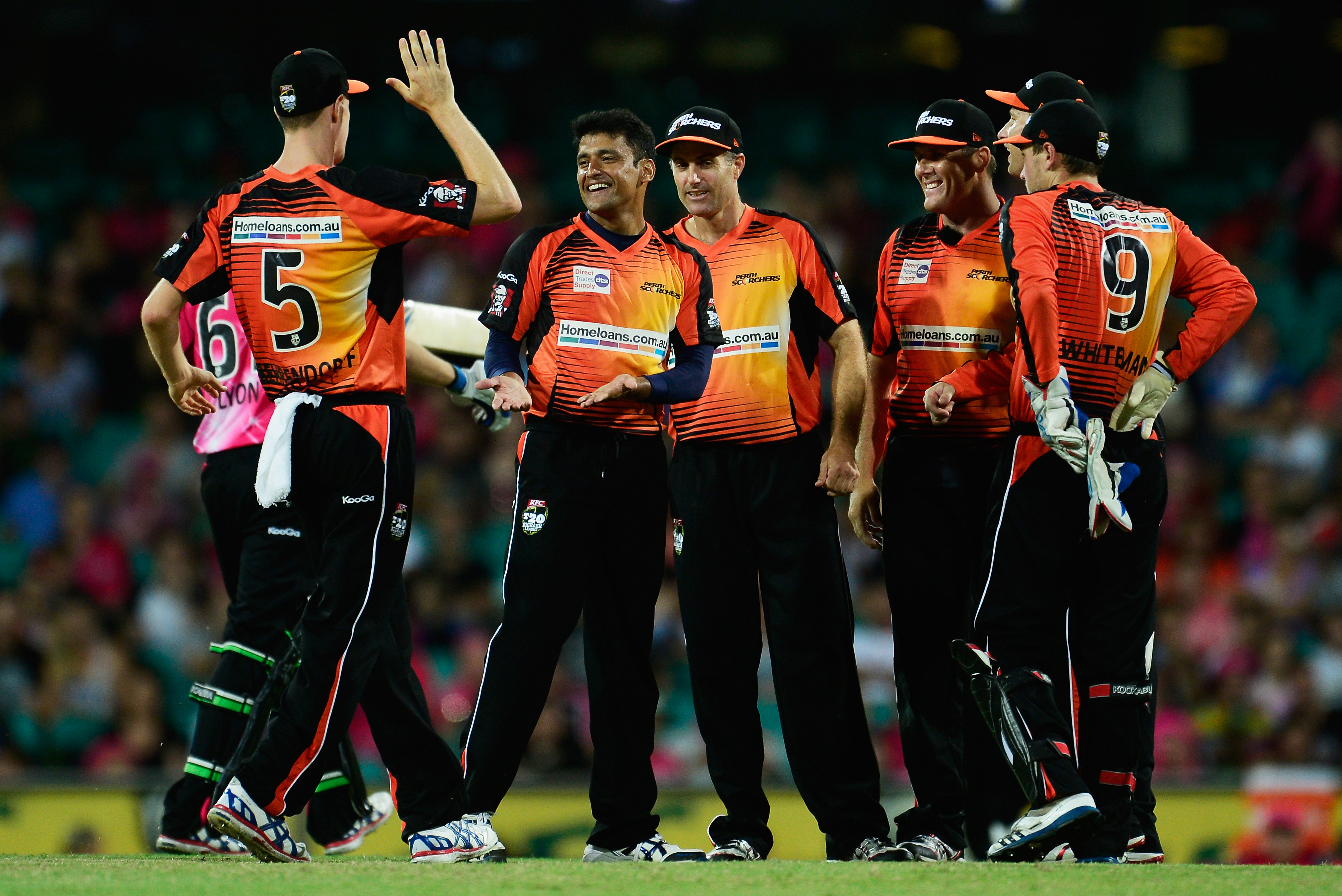 SYDNEY, AUSTRALIA - JANUARY 10: Yasir Arafat of the Scorchers celebrates after taking the wicket of Nathan Lyon of the Sixers during the Big Bash League match between the Sydney Sixers and the Perth Scorchers at SCG on January 10, 2014 in Sydney, Australia.  (Photo by Brett Hemmings/Getty Images)