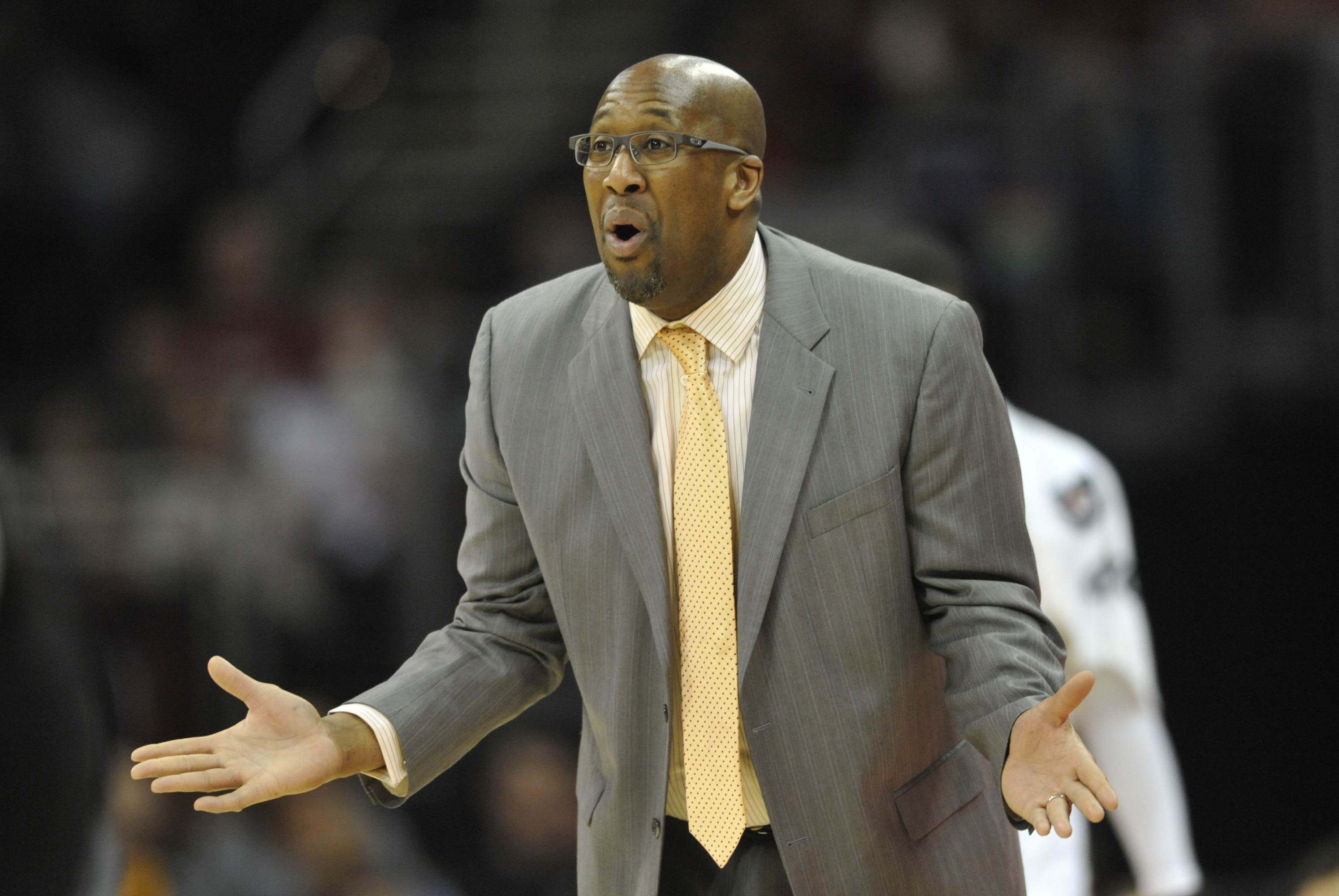 Jan 28, 2014; Cleveland, OH, USA; Cleveland Cavaliers head coach Mike Brown reacts in the fourth quarter against the New Orleans Pelicans at Quicken Loans Arena. Mandatory Credit: David Richard-USA TODAY Sports