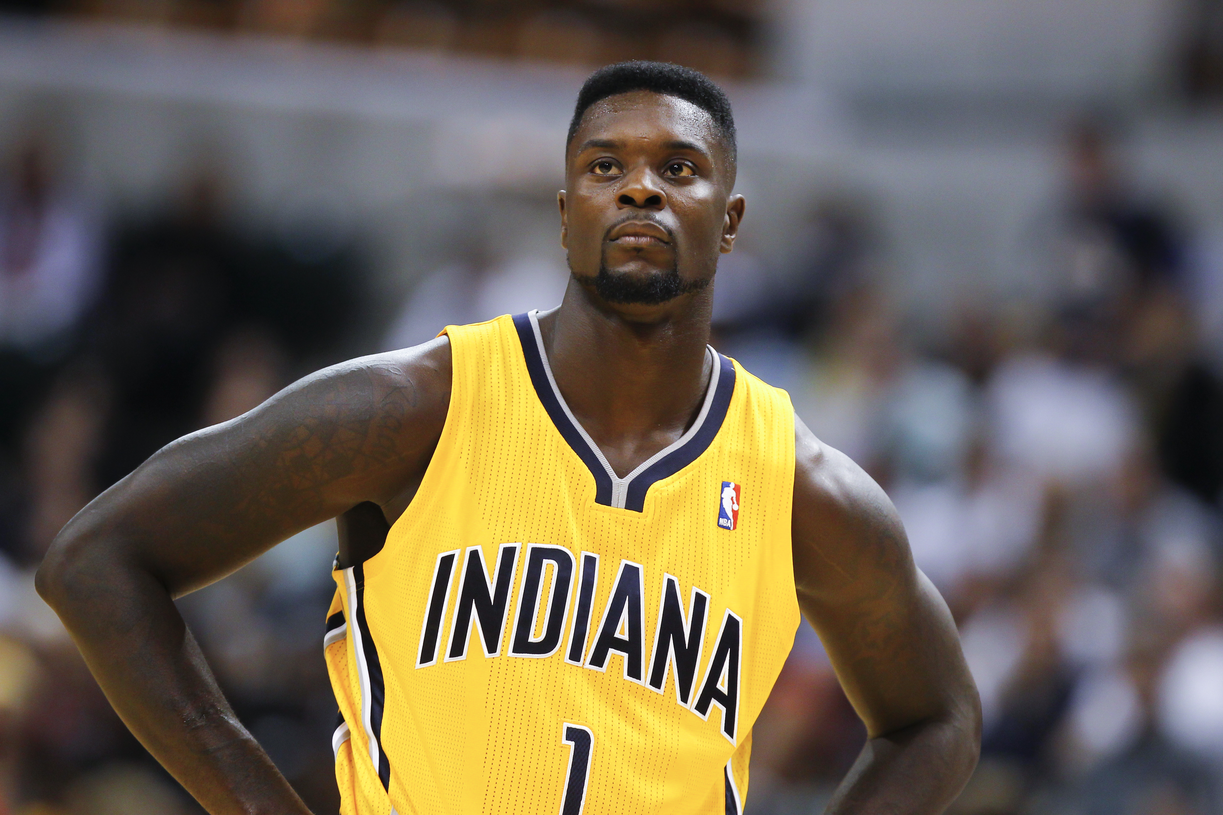 INDIANAPOLIS, IN - OCTOBER 05: Lance Stephenson #1 of the Indiana Pacers watches a free throw against the Chicago Bulls during action on October 5, 2013 at Bankers Life Fieldhouse in Indianapolis, Indiana. Chicago defeated Indiana 82-76. NOTE TO USER: User expressly acknowledges and agrees that, by downloading and or using this Photograph, user is consenting to the terms and conditions of the Getty Images License Agreement. (Photo by Michael Hickey/Getty Images)