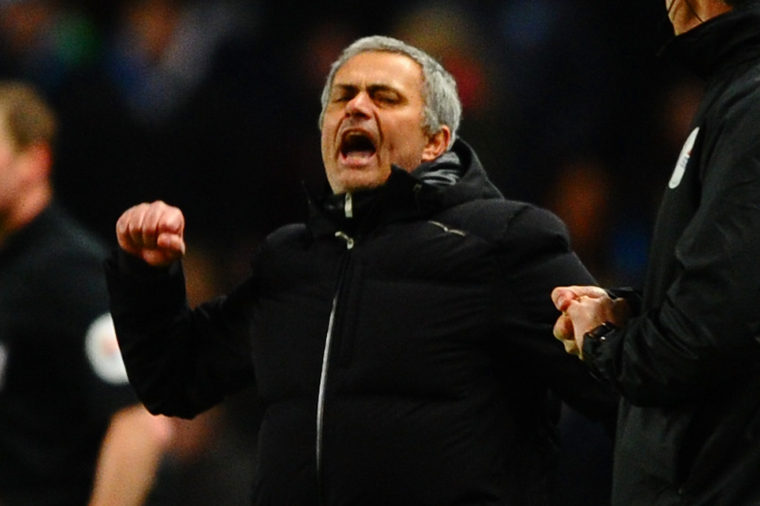 MANCHESTER, ENGLAND - FEBRUARY 03: Jose Mourinho manager of Chelsea celebrates victory during the Barclays Premier League match between Manchester City and Chelsea at Etihad Stadium on February 3, 2014 in Manchester, England.  (Photo by Laurence Griffiths/Getty Images)