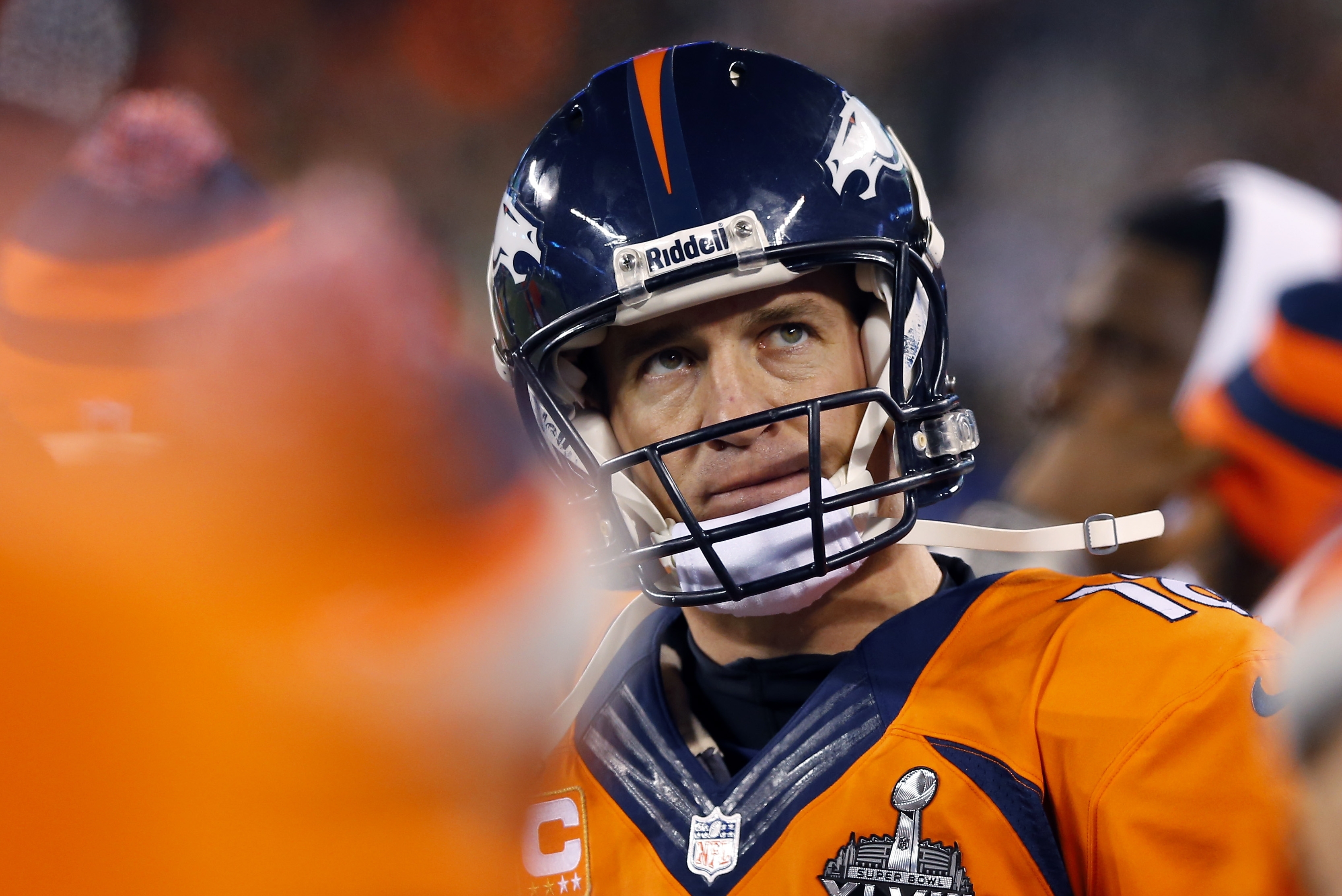 Denver Broncos' Peyton Manning looks at the scoreboard during the second half of the NFL Super Bowl XLVIII football game against the Seattle Seahawks on Sunday, Feb. 2, 2014, in East Rutherford, N.J. (AP Photo/Paul Sancya)