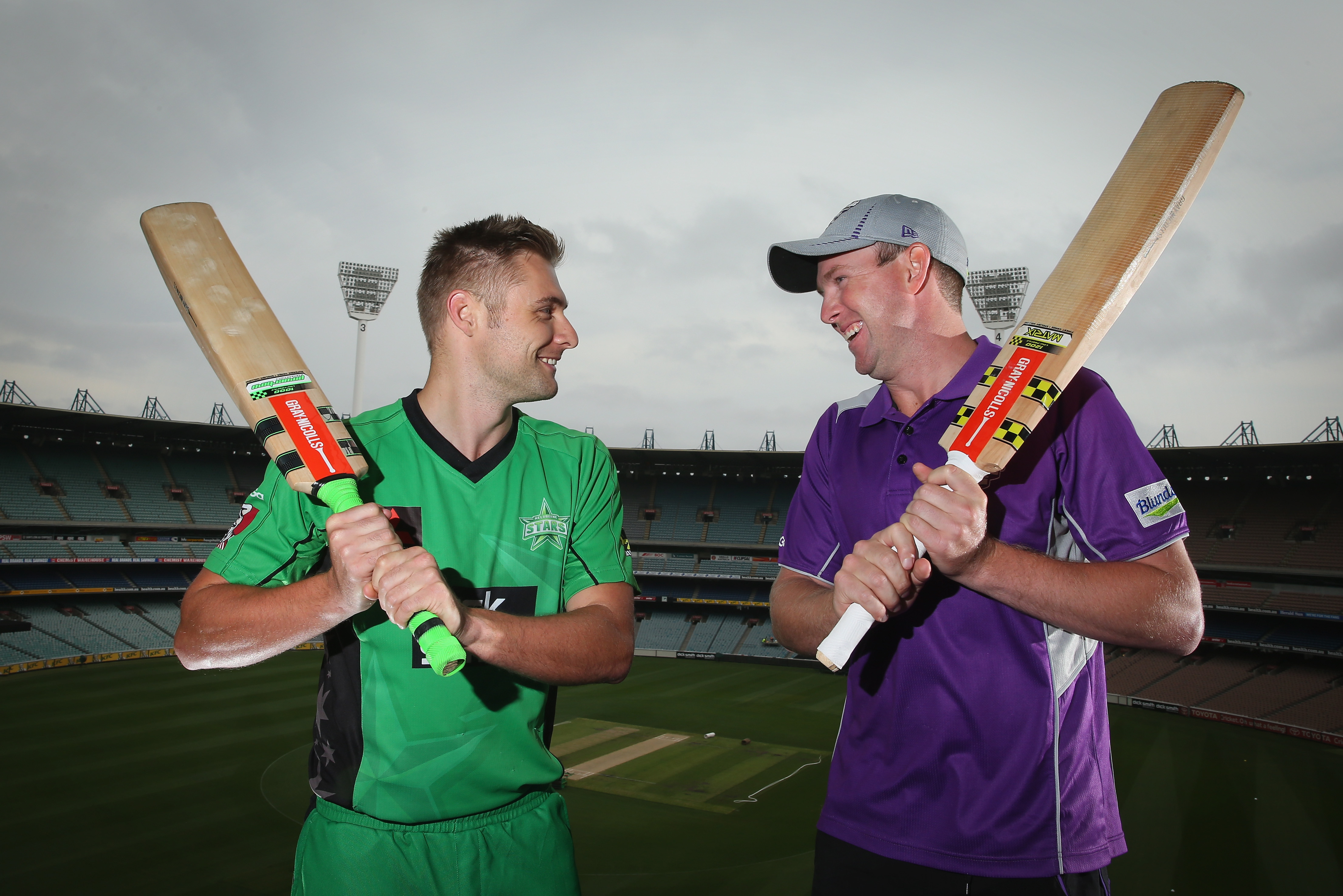MELBOURNE, AUSTRALIA - FEBRUARY 03:  Melbourne Stars Luke Wright and Hobart Hurricanes Ben Dunk pose after taking part in a 'big bash' hitting competition during the Big Bash League Semi Final media opportunity at the Melbourne Cricket Ground on February 3, 2014 in Melbourne, Australia. Luke Wright and Ben Dunk are the top two boundary-hitters in the league this season, having hit a combined 64 fours and 25 sixes.  (Photo by Scott Barbour/Getty Images)