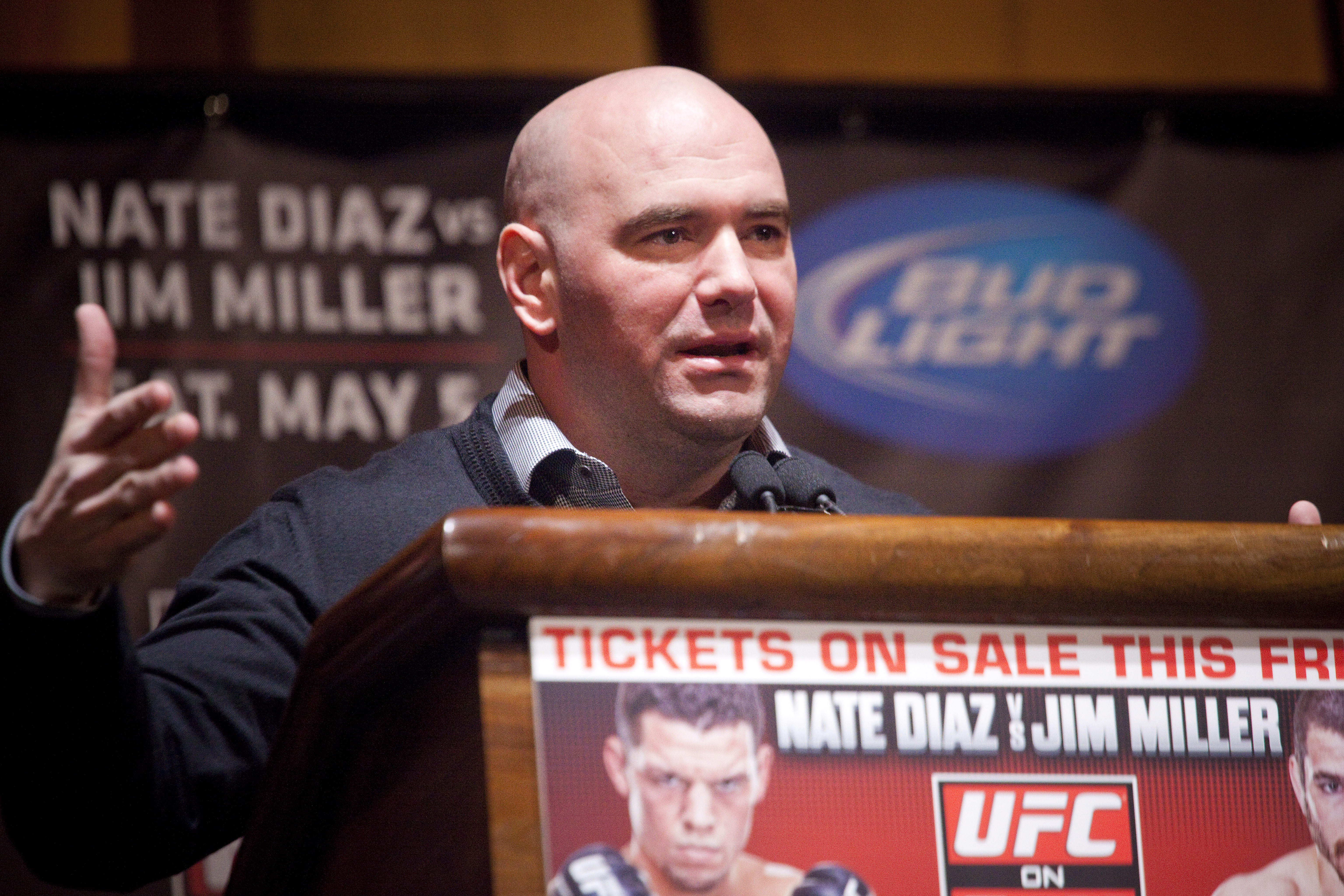 NEW YORK - MARCH 06:   UFC president Dana White speaks at a press conference at Radio City Music Hall on March 06, 2012 in New York City.  UFC announced that their third event on the FOX network will take place on Saturday, May 5 from the IZOD Center in East Rutherford, N.J.. (Photo by Michael Nagle/Getty Images)