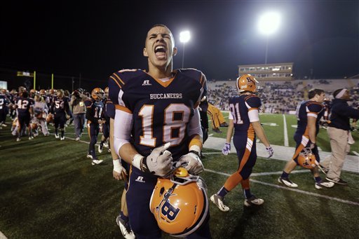 Beech's Jalen Hurd celebrates after defeating Columbia Central in their Division I Class 5A championship high school football game on Friday, Nov. 30, 2012, in Cookeville, Tenn. Hurd rushed for 394 yards and seven touchdowns as Beech High School won 56-35. (AP Photo/Mark Humphrey)