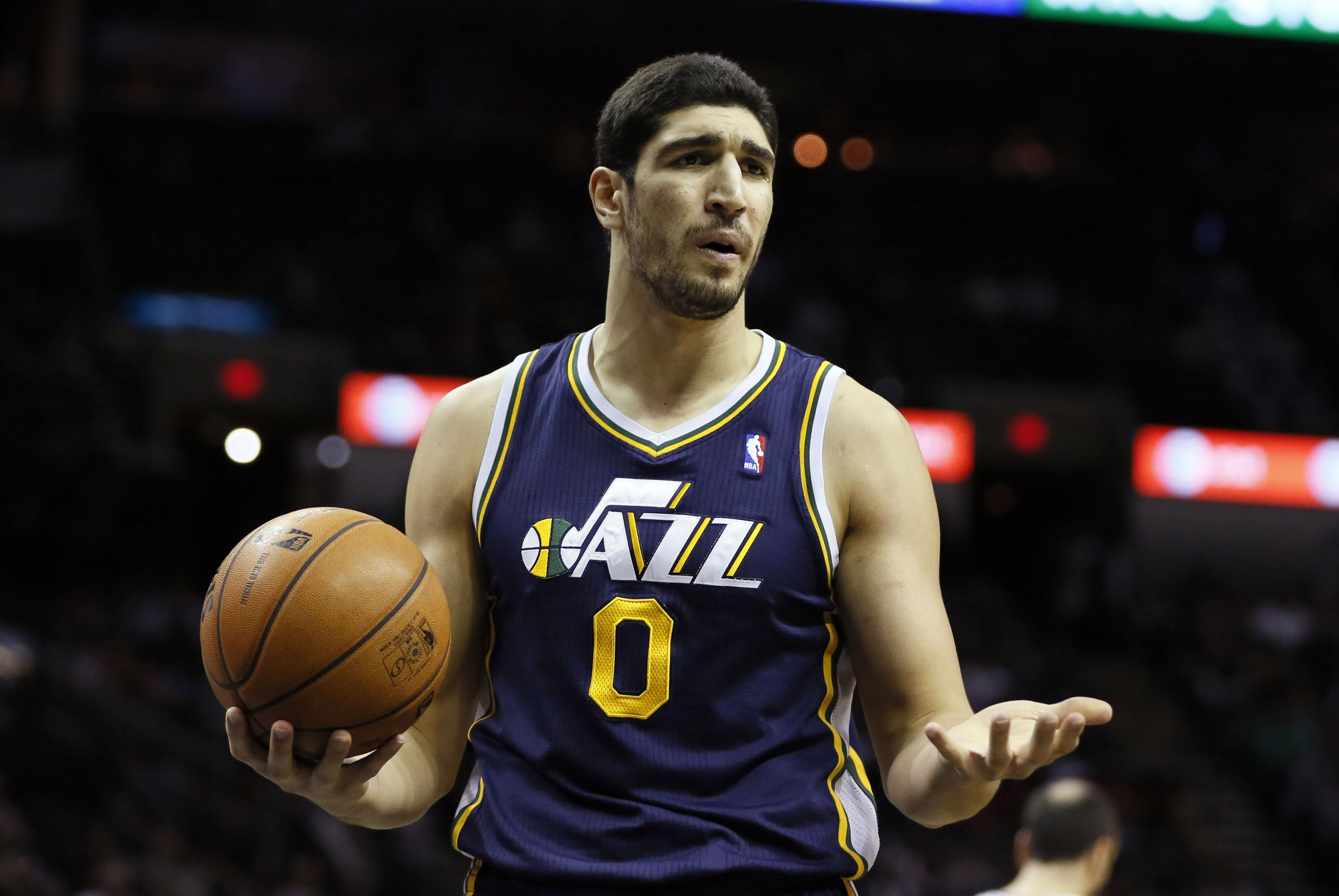 Jan 15, 2014; San Antonio, TX, USA; Utah Jazz center Enes Kanter (0) reacts to a call during the first half against the San Antonio Spurs at AT&T Center. Mandatory Credit: Soobum Im-USA TODAY Sports
