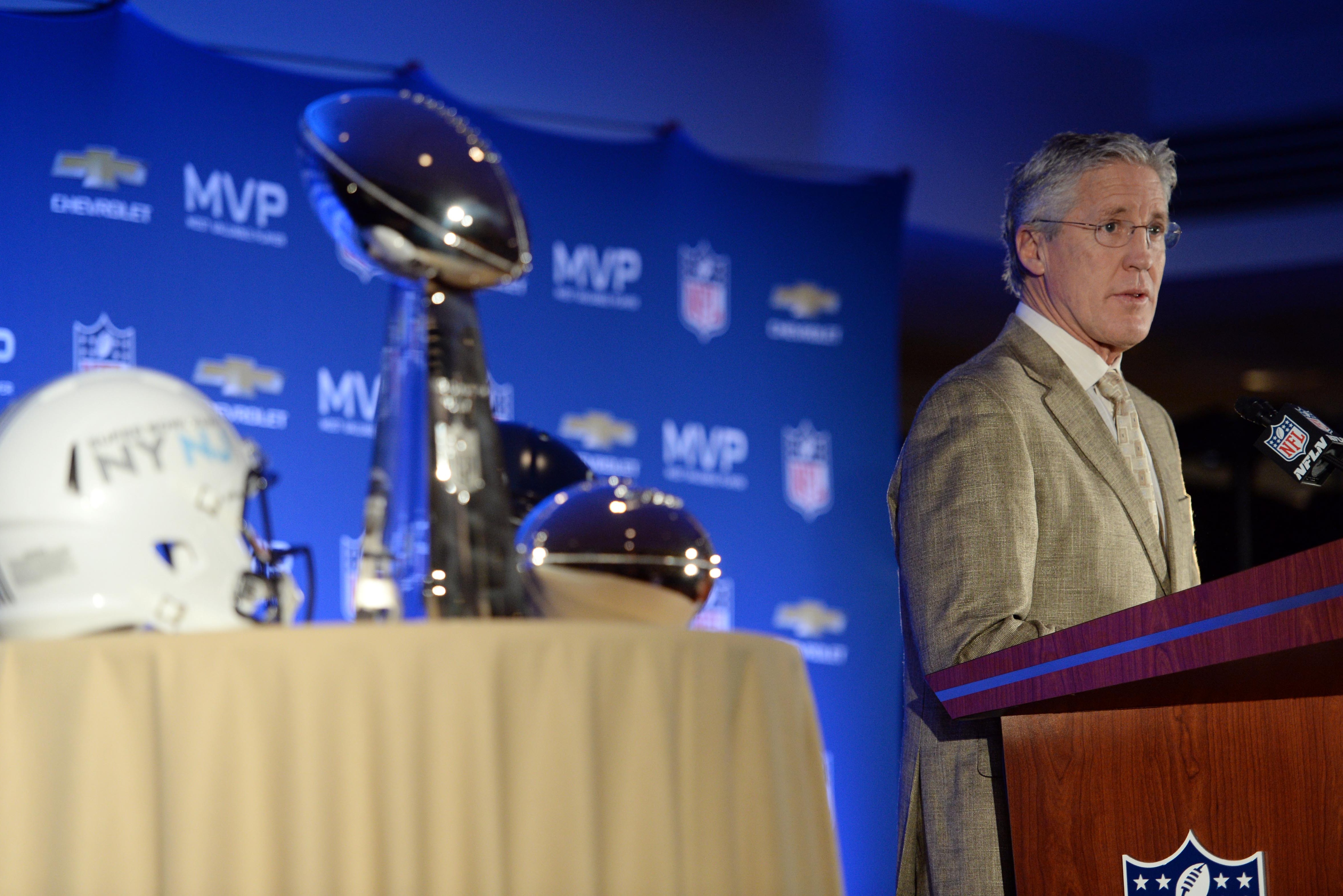 Feb 3, 2014; New York, NY, USA; Seattle Seahawks head coach Pete Carroll during the winning team press conference the day after Super Bowl XLVIII at Sheraton New York Times Square. Mandatory Credit: Joe Camporeale-USA TODAY Sports