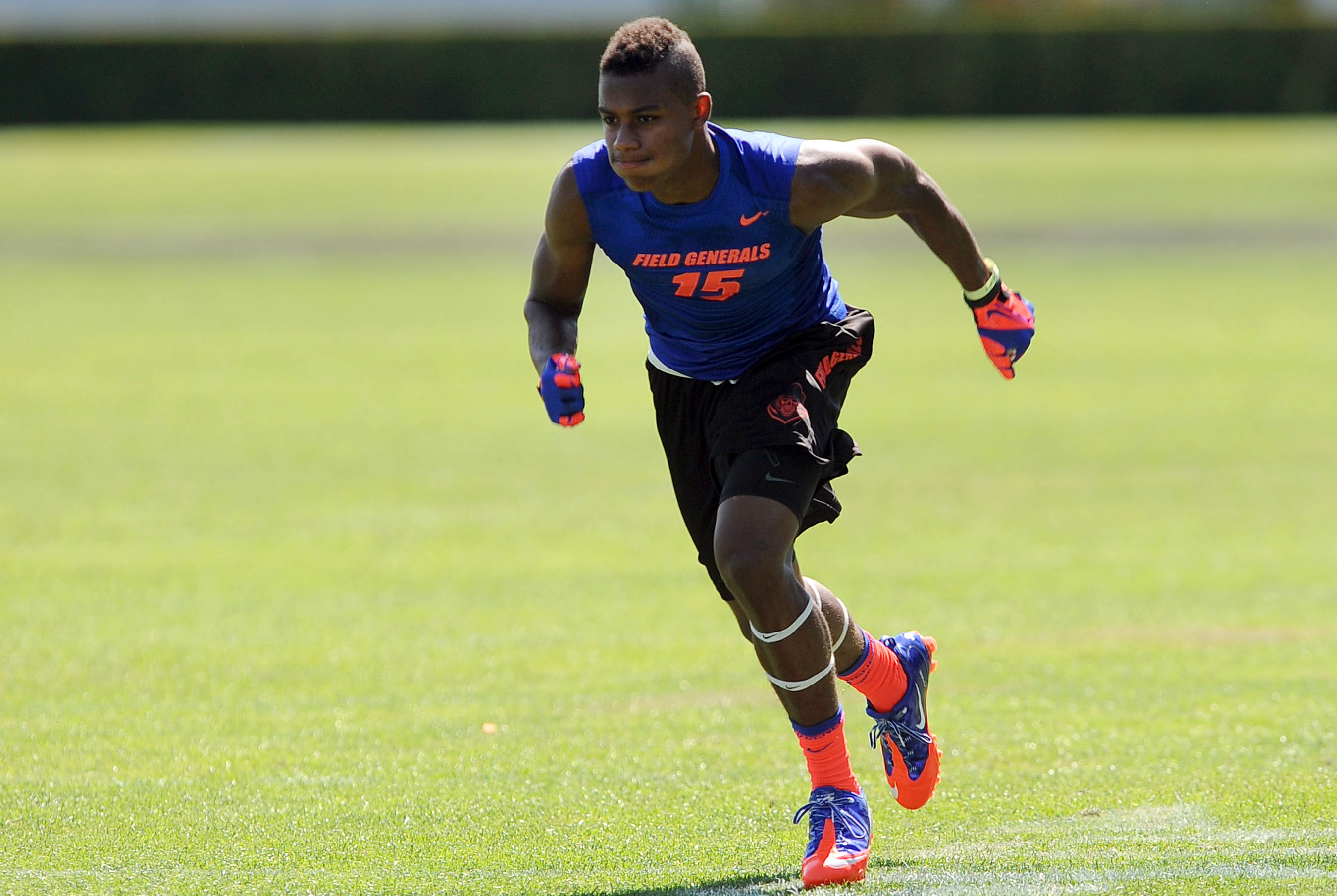 Jul 2, 2013; Beaverton, OR, USA; Wide receiver Malachi Dupre (15) runs a pass route during the Nike 7on7 pool play at Nike World Headquarters in Beaverton, Oregon on Tuesday July, 2, 2013. Mandatory Credit: Steve Dykes-USA TODAY Sports